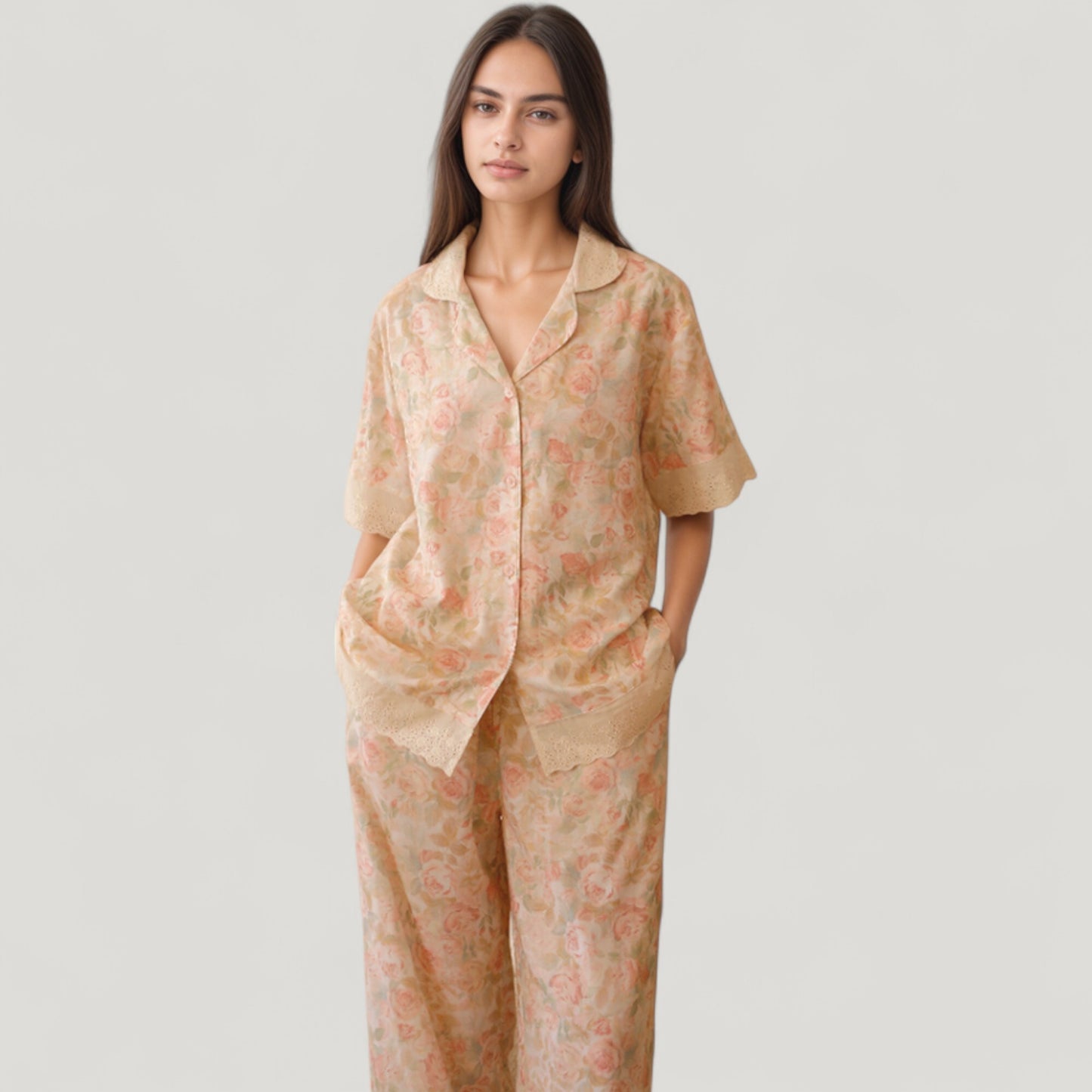 Anna-Kaci Lounge Women's Floral Lace Trim Pajama Set Short Sleeve Button Top with Matching Wide Leg Lounge Pants
