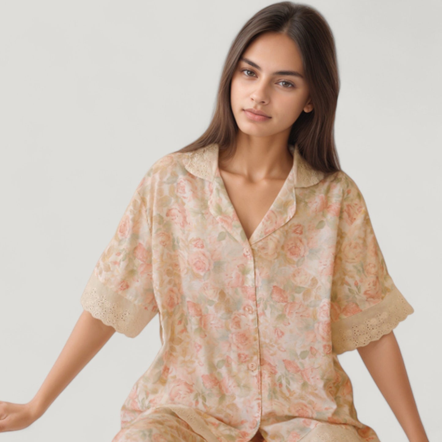 Anna-Kaci Lounge Women's Floral Lace Trim Pajama Set Short Sleeve Button Top with Matching Wide Leg Lounge Pants