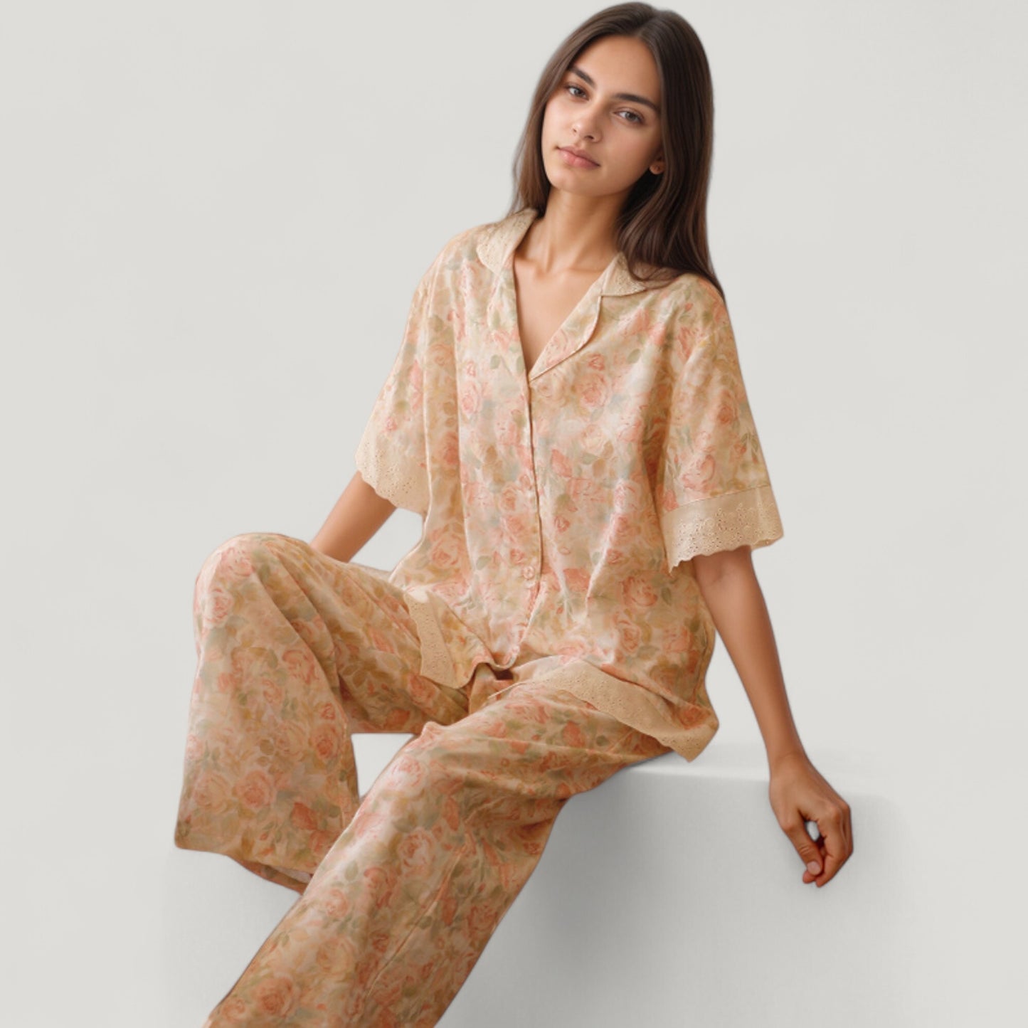 Anna-Kaci Lounge Women's Floral Lace Trim Pajama Set Short Sleeve Button Top with Matching Wide Leg Lounge Pants