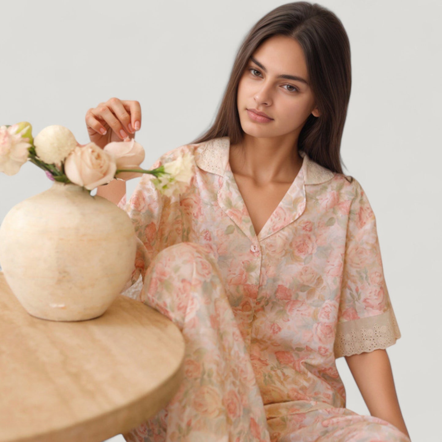 Anna-Kaci Lounge Women's Floral Lace Trim Pajama Set Short Sleeve Button Top with Matching Wide Leg Lounge Pants