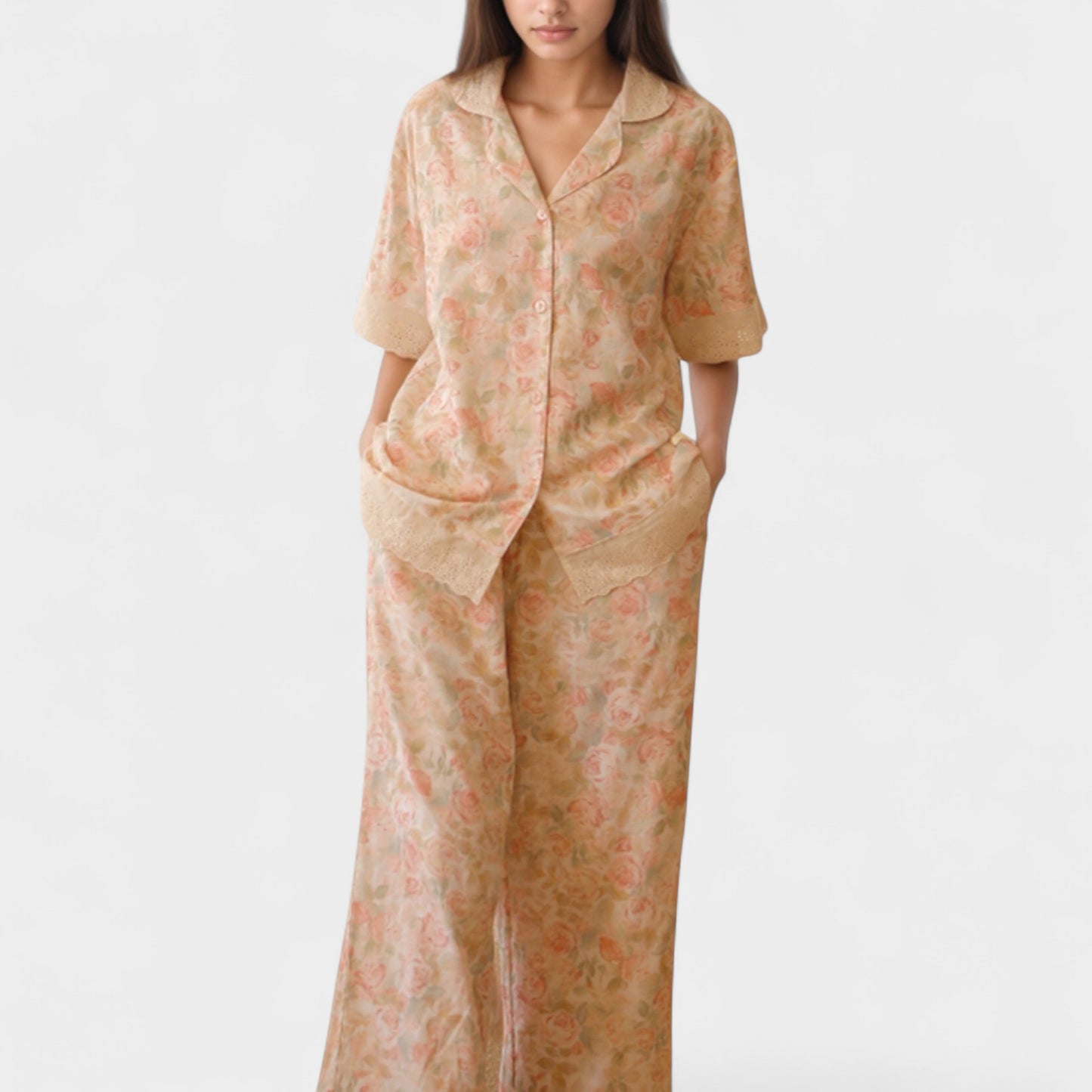 Anna-Kaci Lounge Women's Floral Lace Trim Pajama Set Short Sleeve Button Top with Matching Wide Leg Lounge Pants