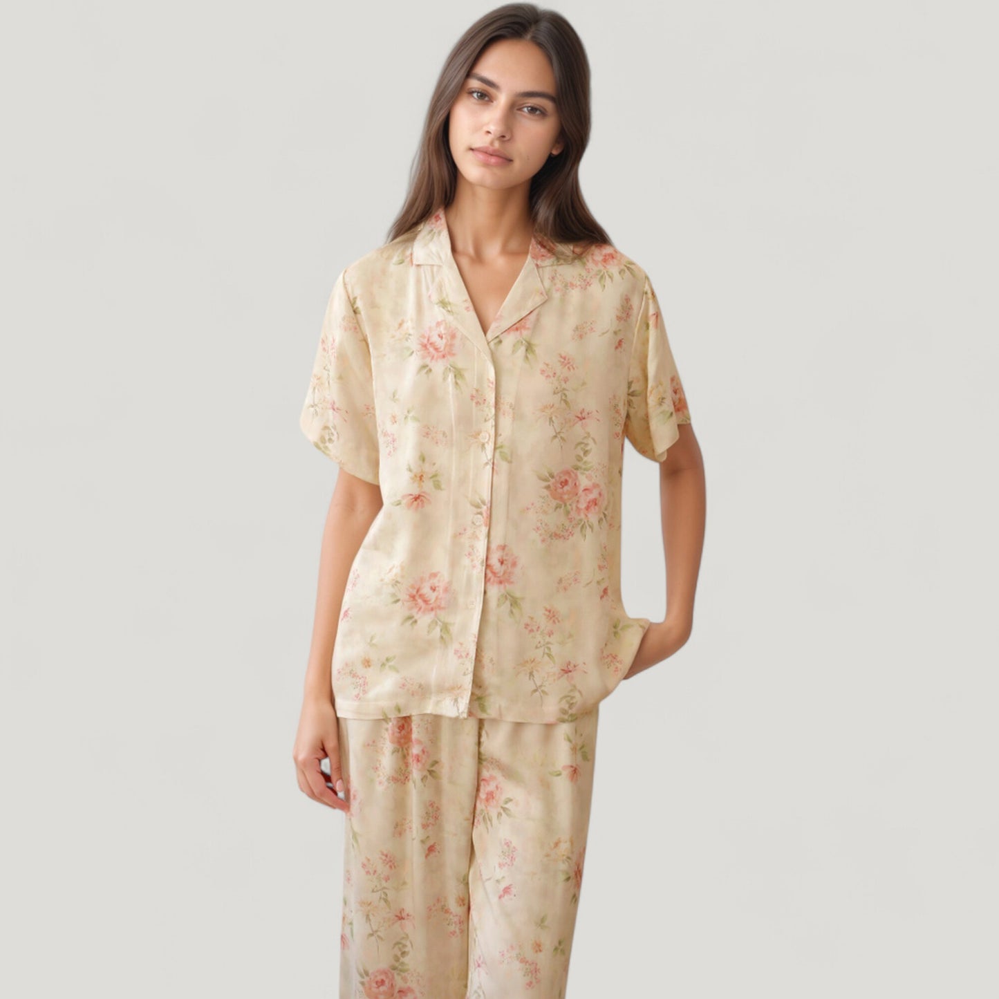 Anna-Kaci Lounge Women's Long Sleeve Floral Pajama Set Button-Up Notched Collar Top with Matching Wide Leg Pants