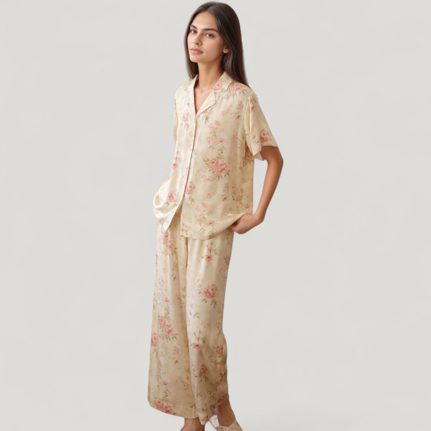 Anna-Kaci Lounge Women's Long Sleeve Floral Pajama Set Button-Up Notched Collar Top with Matching Wide Leg Pants