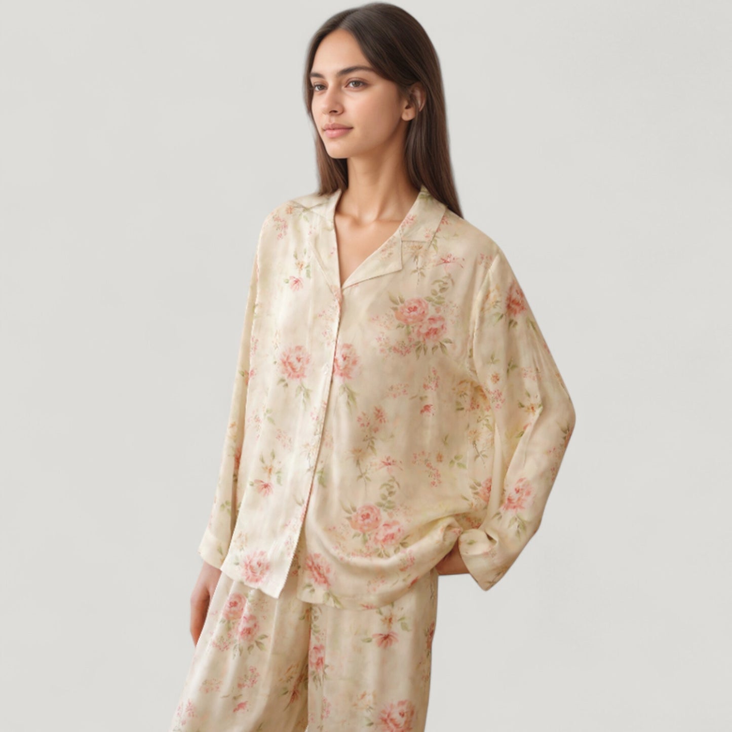 Anna-Kaci Lounge Women's Long Sleeve Floral Pajama Set Button-Up Notched Collar Top with Matching Wide Leg Pants