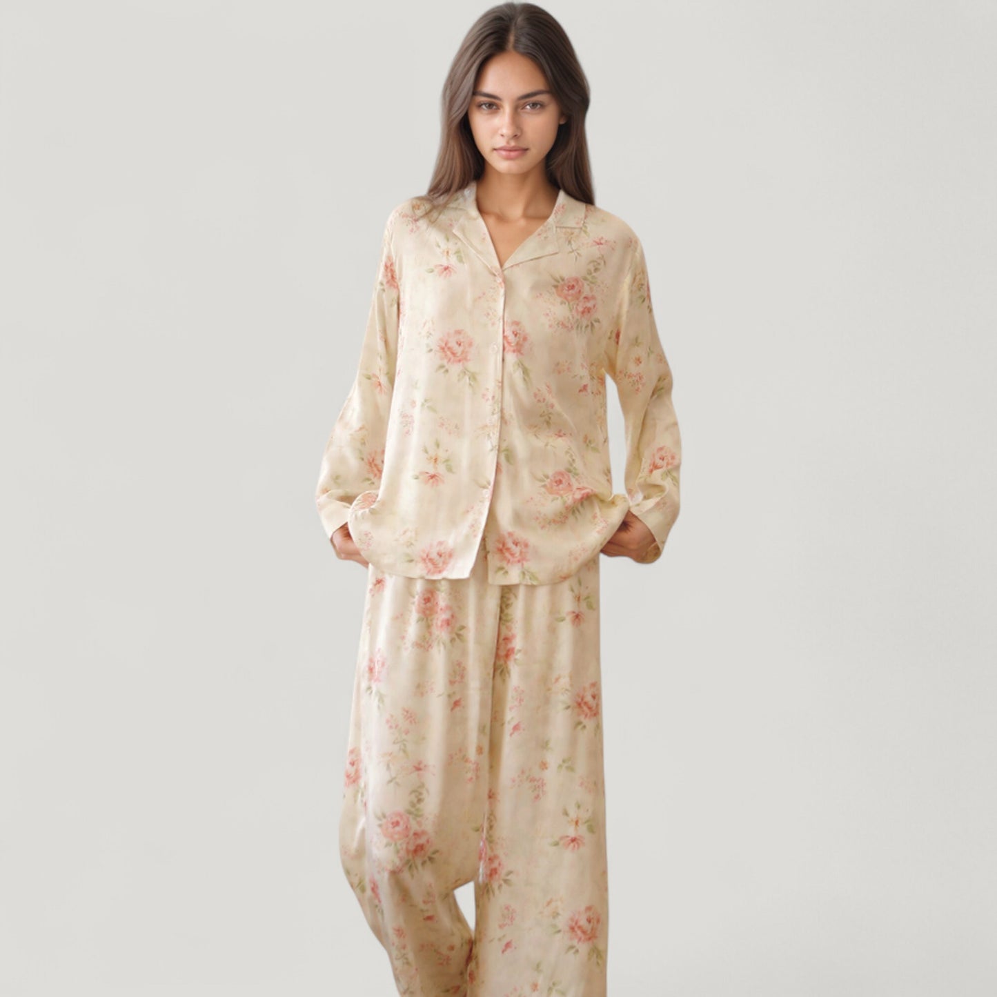 Anna-Kaci Lounge Women's Long Sleeve Floral Pajama Set Button-Up Notched Collar Top with Matching Wide Leg Pants