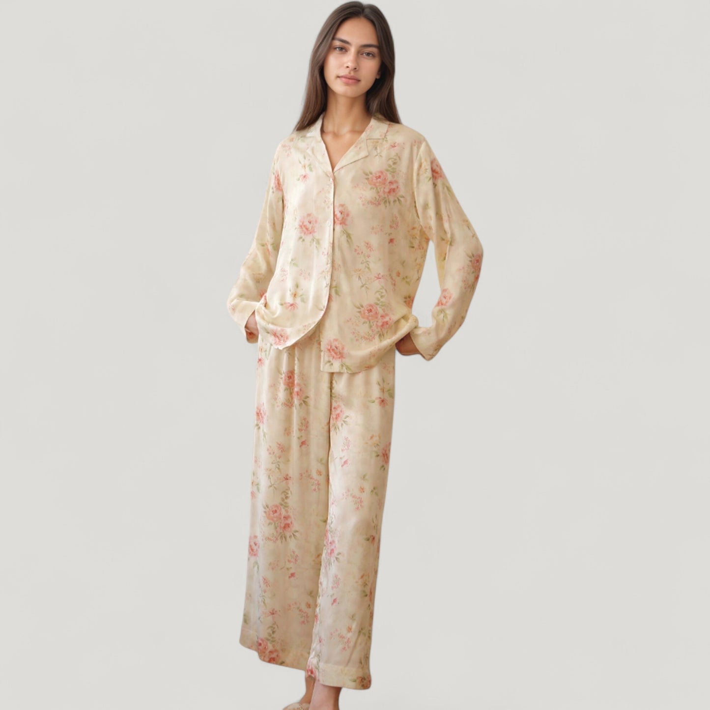 Anna-Kaci Lounge Women's Long Sleeve Floral Pajama Set Button-Up Notched Collar Top with Matching Wide Leg Pants