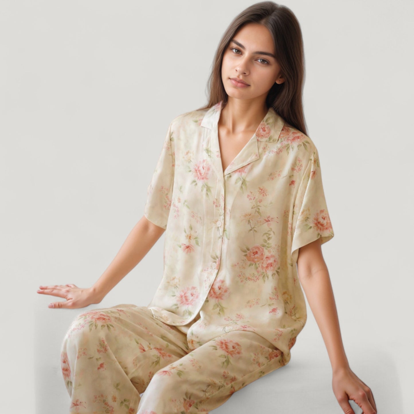 Anna-Kaci Lounge Women's Long Sleeve Floral Pajama Set Button-Up Notched Collar Top with Matching Wide Leg Pants