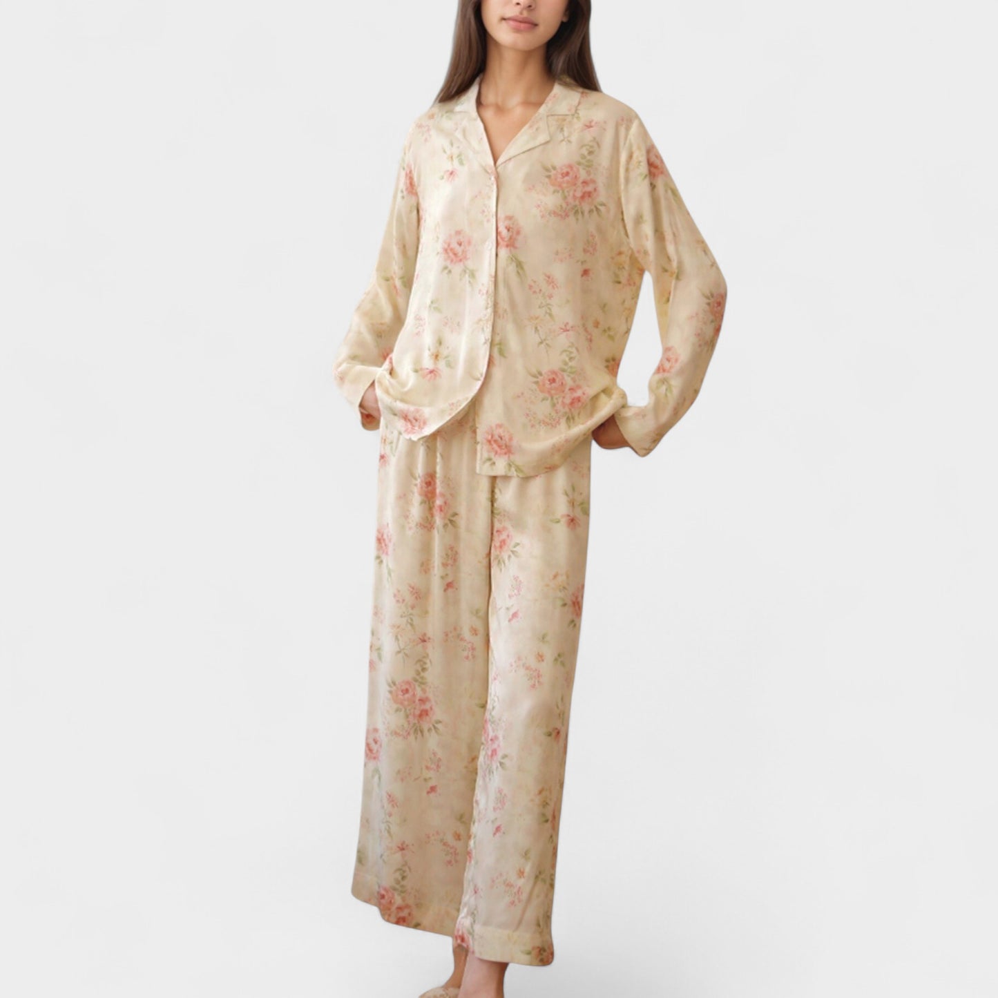 Anna-Kaci Lounge Women's Long Sleeve Floral Pajama Set Button-Up Notched Collar Top with Matching Wide Leg Pants