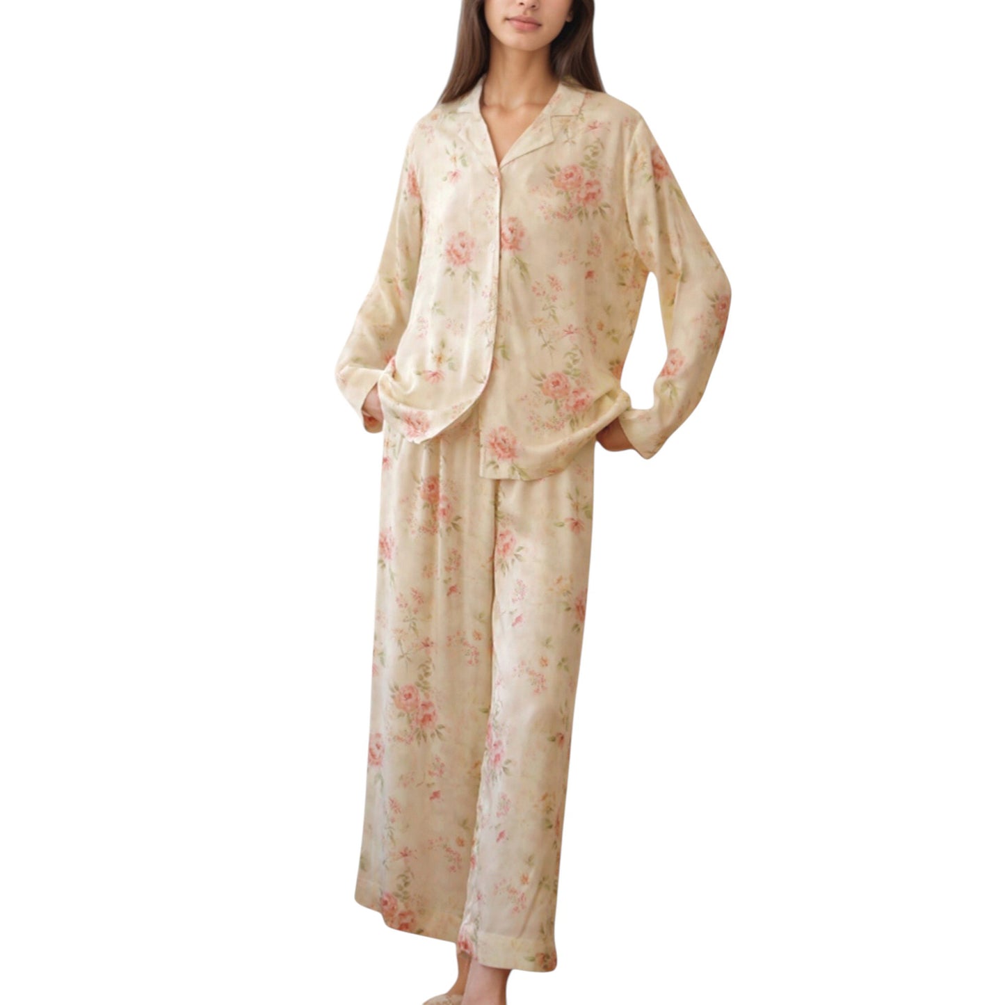 Anna-Kaci Lounge Women's Long Sleeve Floral Pajama Set Button-Up Notched Collar Top with Matching Wide Leg Pants