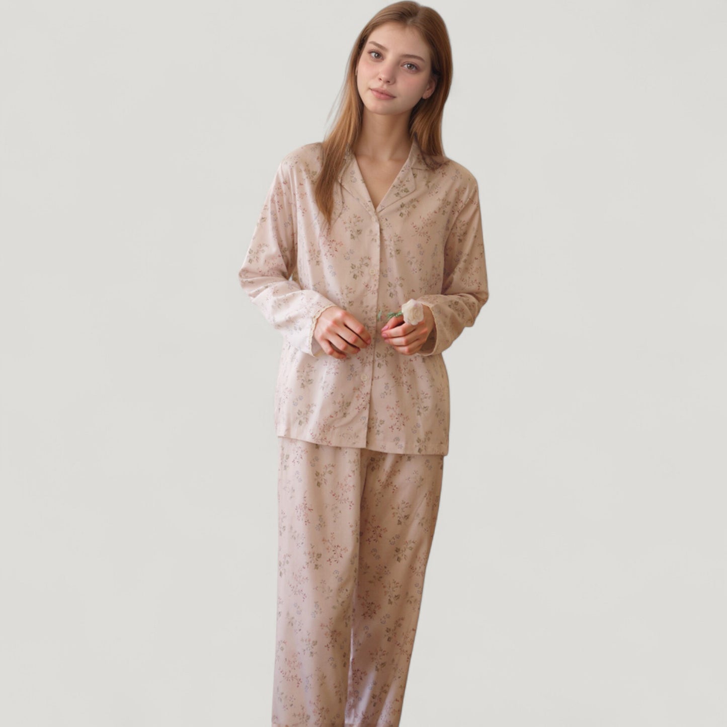 Anna-Kaci Lounge Women's Long Sleeve Pajama Set Small Floral Print Button-Up Top with Notch Collar and Relaxed Fit Pants