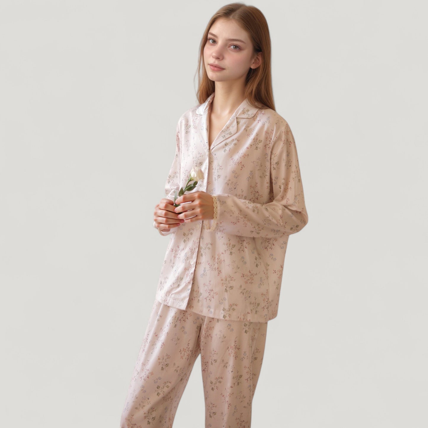 Anna-Kaci Lounge Women's Long Sleeve Pajama Set Small Floral Print Button-Up Top with Notch Collar and Relaxed Fit Pants