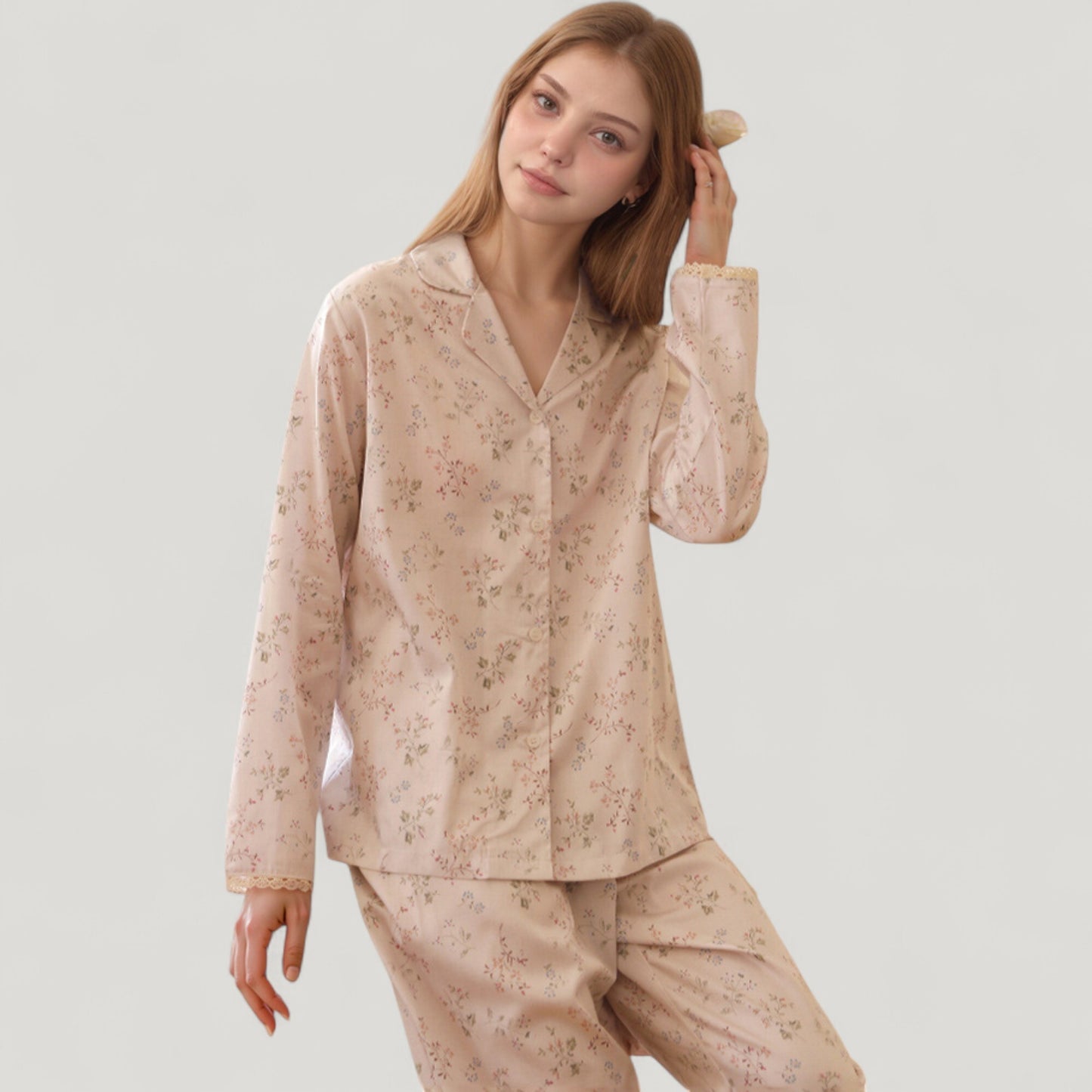 Anna-Kaci Lounge Women's Long Sleeve Pajama Set Small Floral Print Button-Up Top with Notch Collar and Relaxed Fit Pants