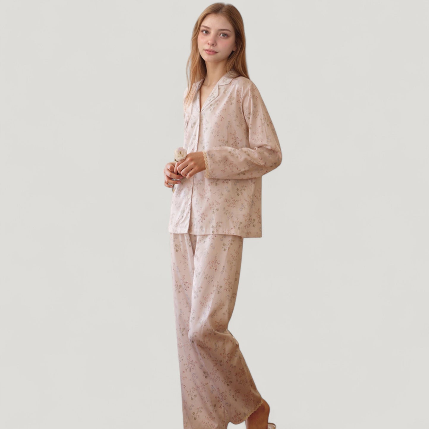 Anna-Kaci Lounge Women's Long Sleeve Pajama Set Small Floral Print Button-Up Top with Notch Collar and Relaxed Fit Pants