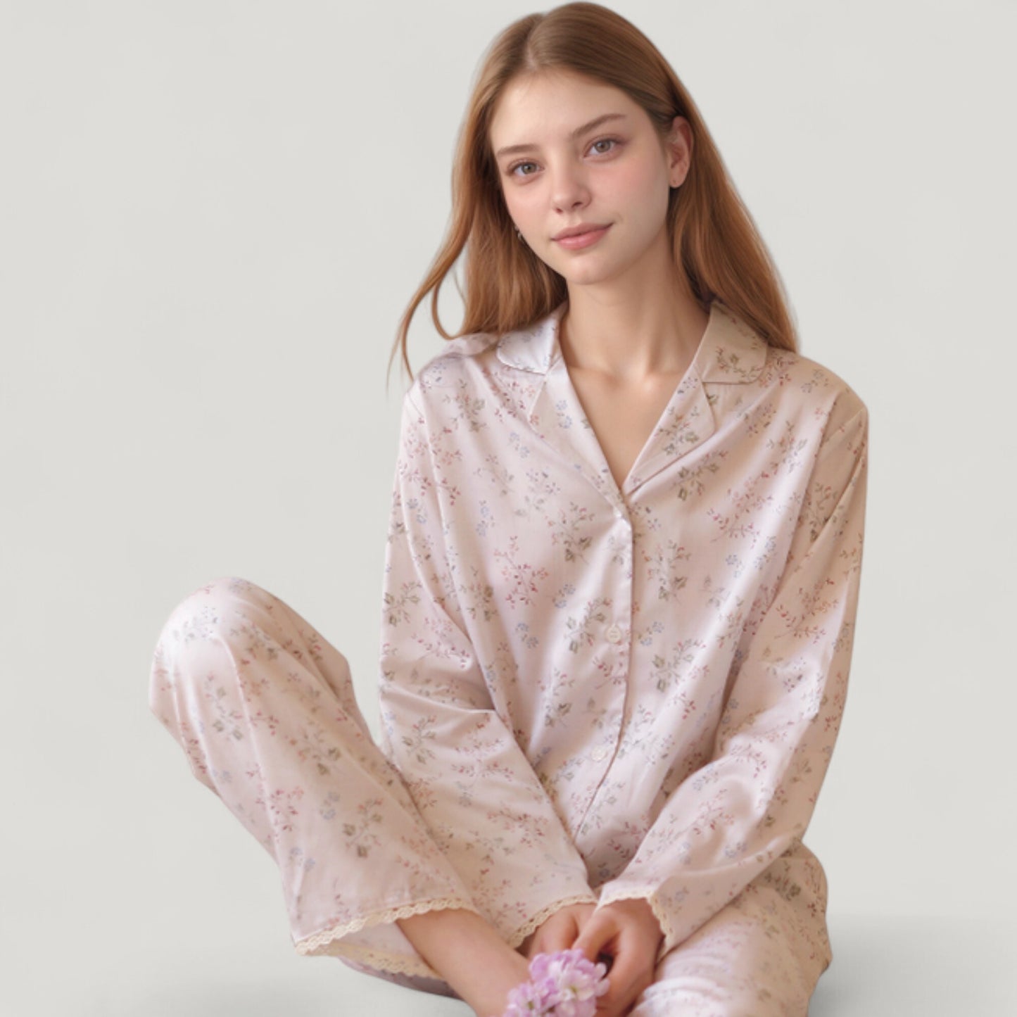 Anna-Kaci Lounge Women's Long Sleeve Pajama Set Small Floral Print Button-Up Top with Notch Collar and Relaxed Fit Pants