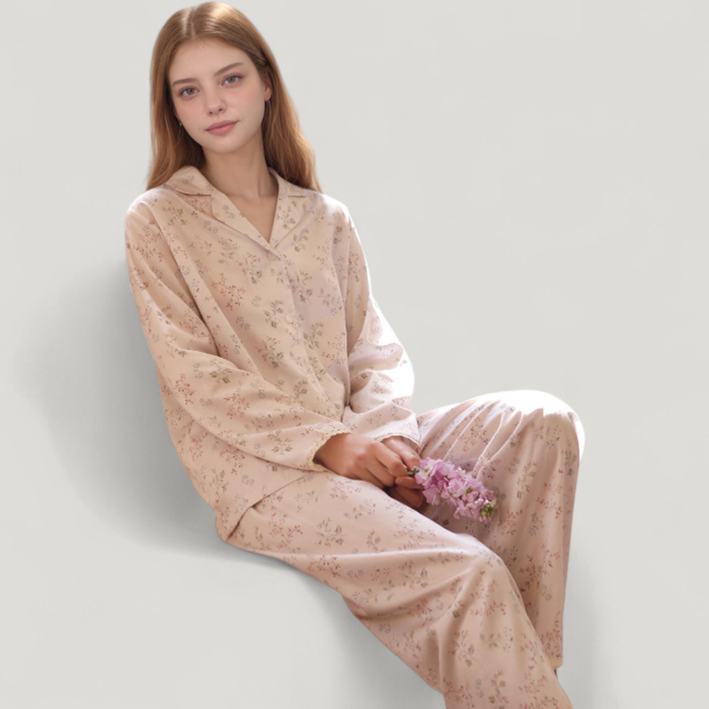 Anna-Kaci Lounge Women's Long Sleeve Pajama Set Small Floral Print Button-Up Top with Notch Collar and Relaxed Fit Pants