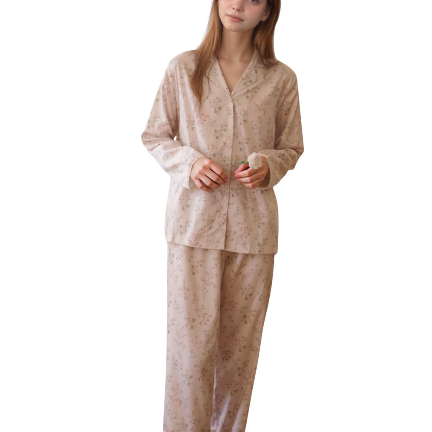 Anna-Kaci Lounge Women's Long Sleeve Pajama Set Small Floral Print Button-Up Top with Notch Collar and Relaxed Fit Pants