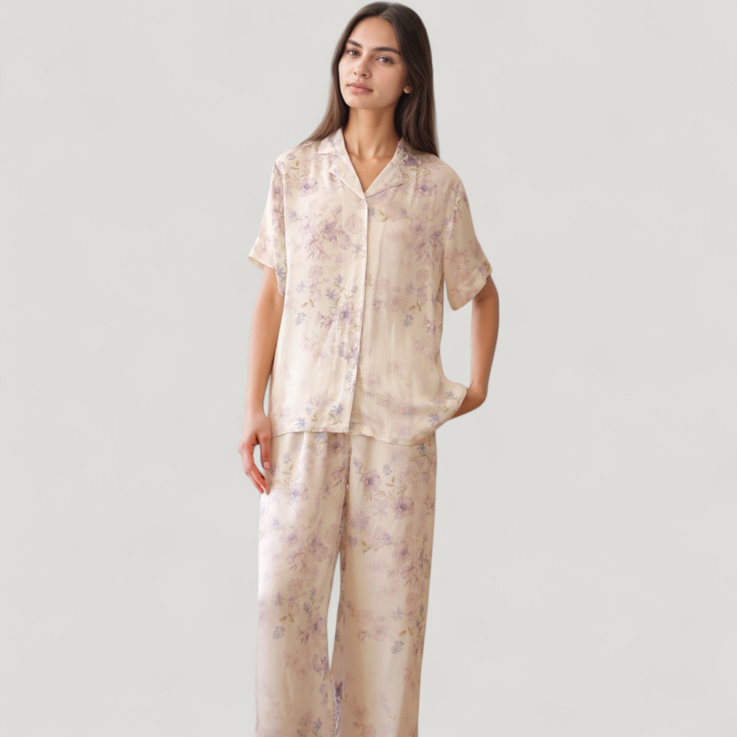 Anna-Kaci Lounge Women's Long Sleeve Pajama Set Watercolor Floral Print Button-Up Top with Relaxed Wide Leg Pants