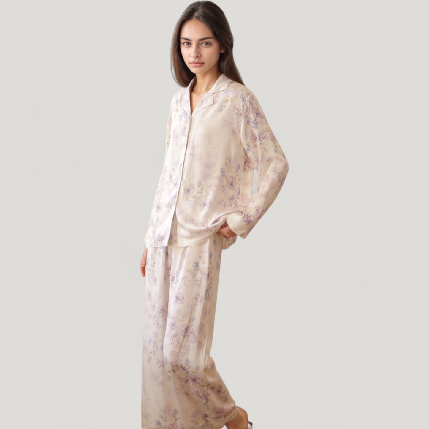 Anna-Kaci Lounge Women's Long Sleeve Pajama Set Watercolor Floral Print Button-Up Top with Relaxed Wide Leg Pants