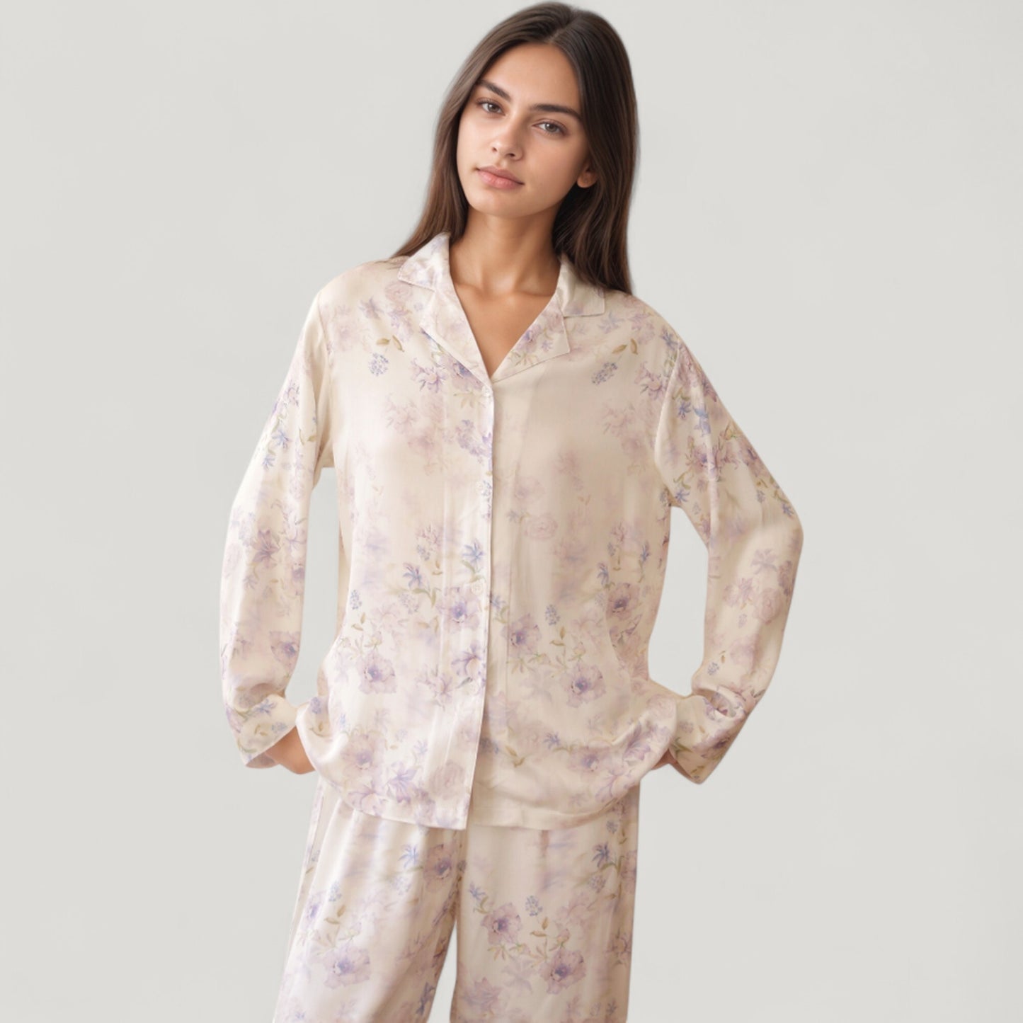 Anna-Kaci Lounge Women's Long Sleeve Pajama Set Watercolor Floral Print Button-Up Top with Relaxed Wide Leg Pants