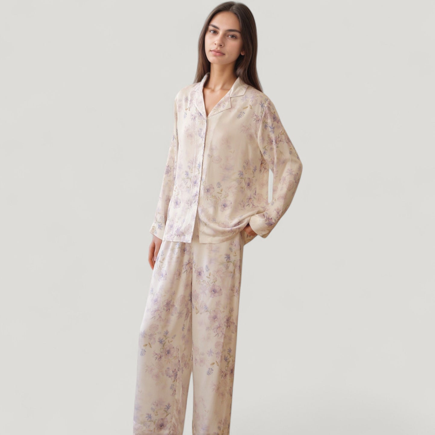 Anna-Kaci Lounge Women's Long Sleeve Pajama Set Watercolor Floral Print Button-Up Top with Relaxed Wide Leg Pants