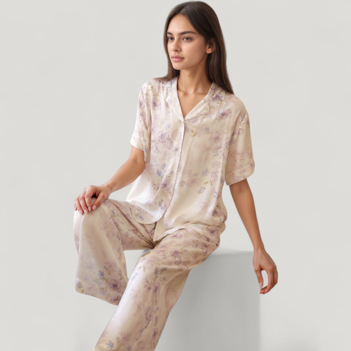 Anna-Kaci Lounge Women's Long Sleeve Pajama Set Watercolor Floral Print Button-Up Top with Relaxed Wide Leg Pants