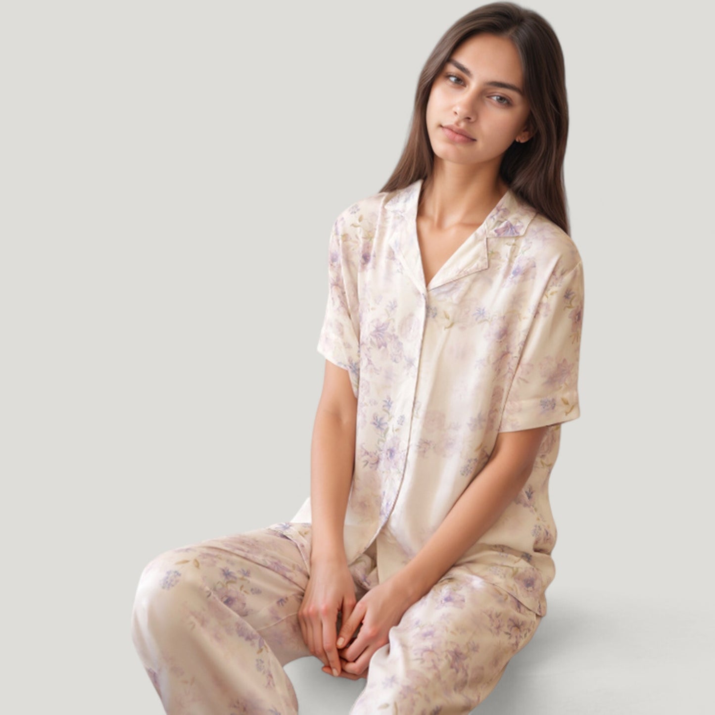 Anna-Kaci Lounge Women's Long Sleeve Pajama Set Watercolor Floral Print Button-Up Top with Relaxed Wide Leg Pants