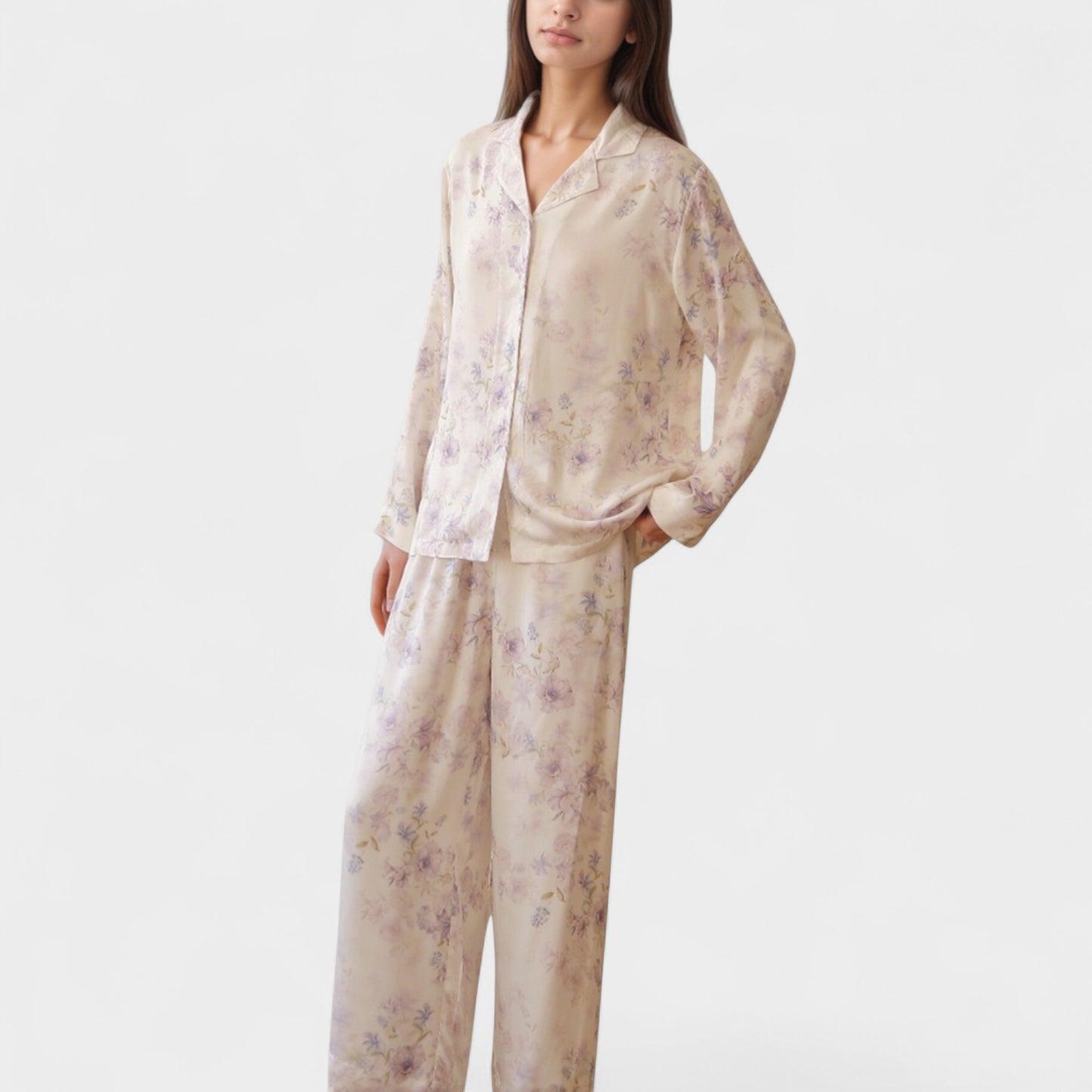 Anna-Kaci Lounge Women's Long Sleeve Pajama Set Watercolor Floral Print Button-Up Top with Relaxed Wide Leg Pants