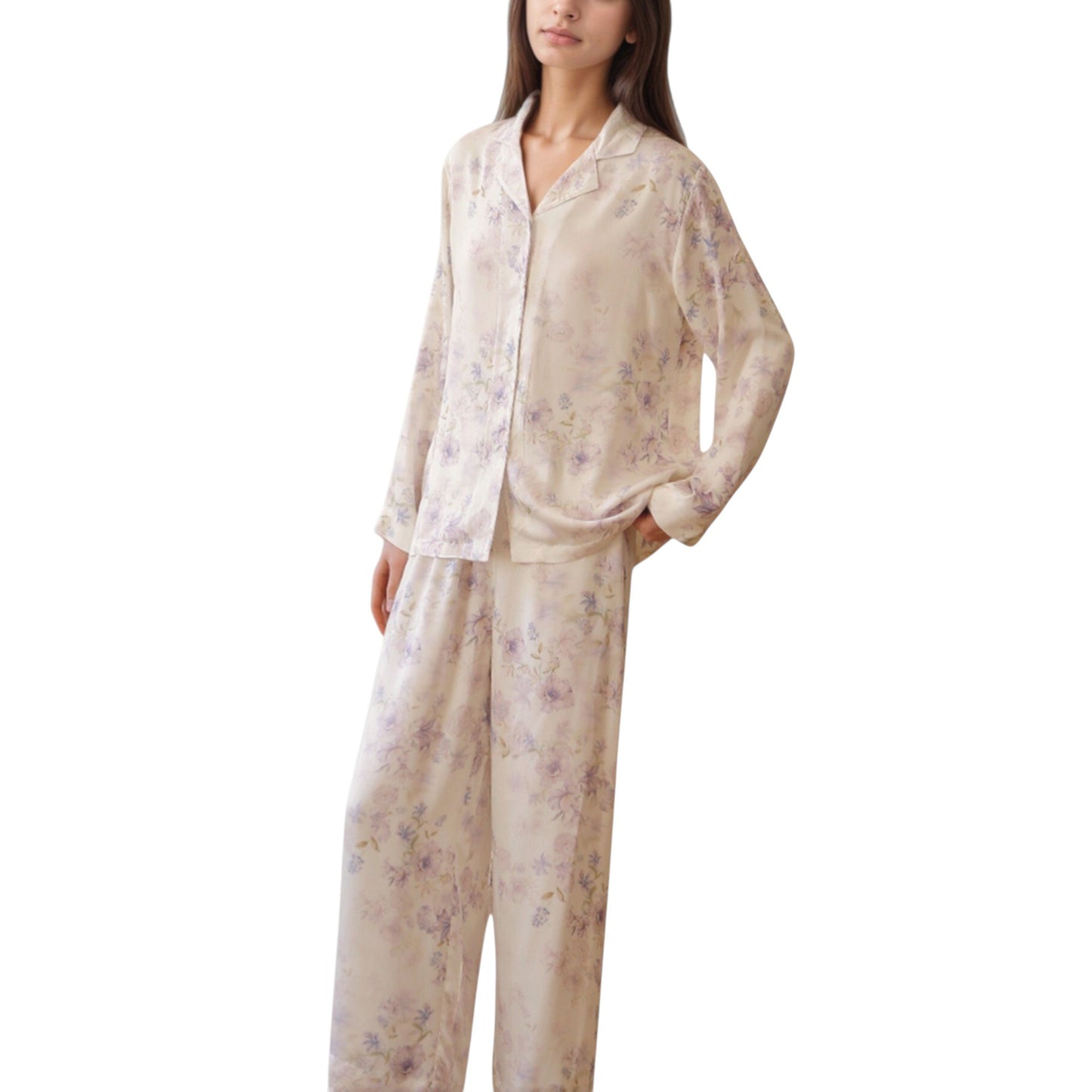 Anna-Kaci Lounge Women's Long Sleeve Pajama Set Watercolor Floral Print Button-Up Top with Relaxed Wide Leg Pants
