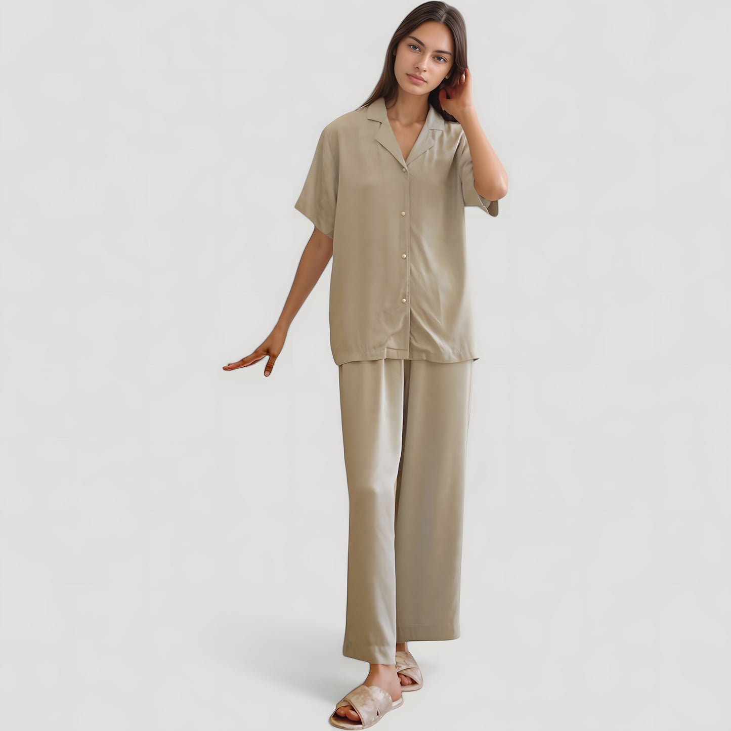 Anna-Kaci Lounge Women's Satin Button-Up Pajama Set with Short Sleeves and Relaxed Fit Wide Leg Pants