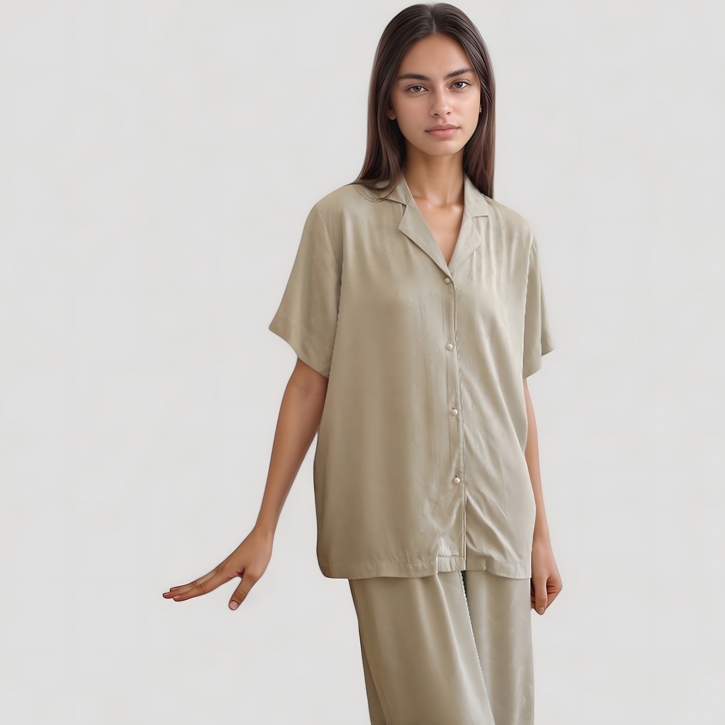 Anna-Kaci Lounge Women's Satin Button-Up Pajama Set with Short Sleeves and Relaxed Fit Wide Leg Pants