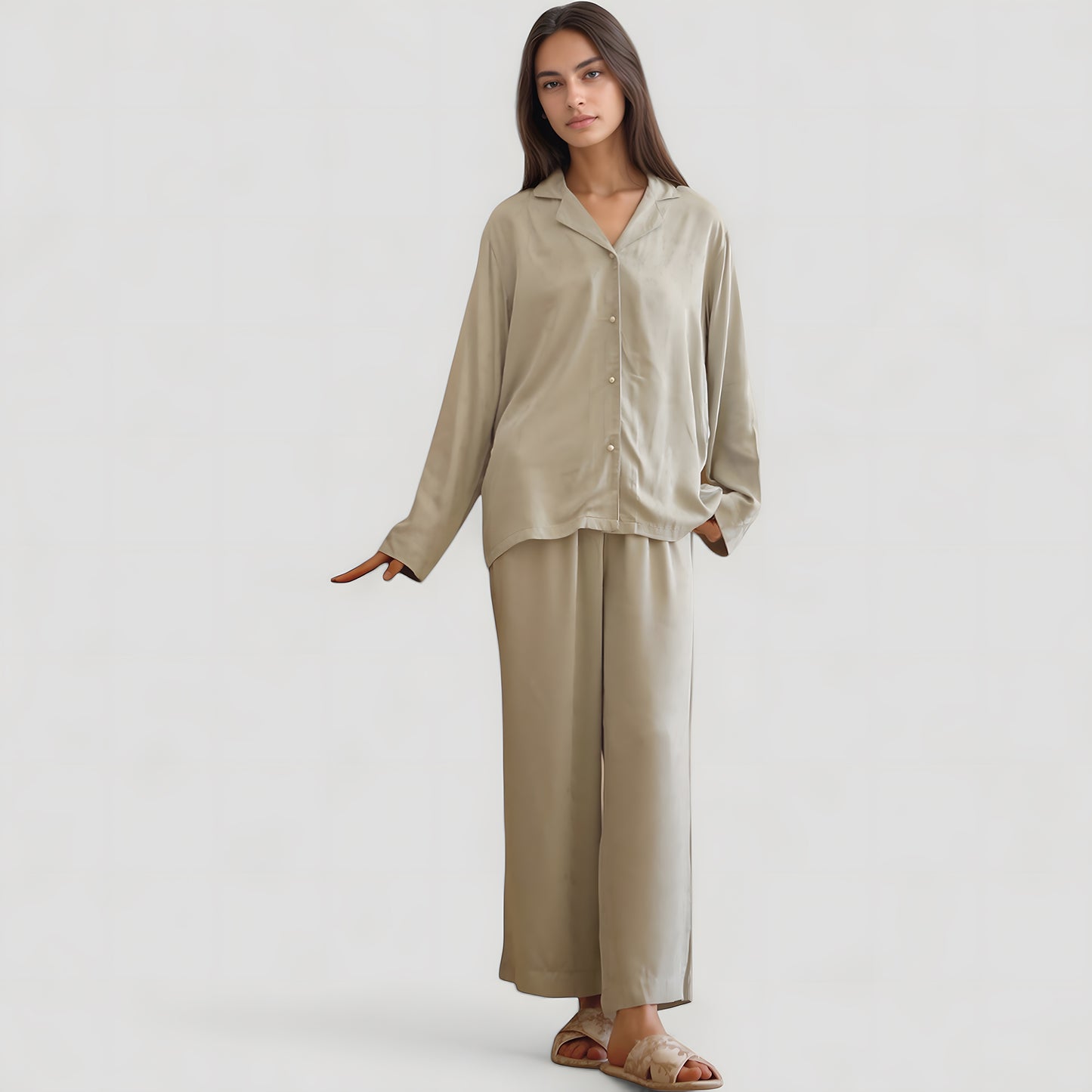 Anna-Kaci Lounge Women's Satin Button-Up Pajama Set with Short Sleeves and Relaxed Fit Wide Leg Pants