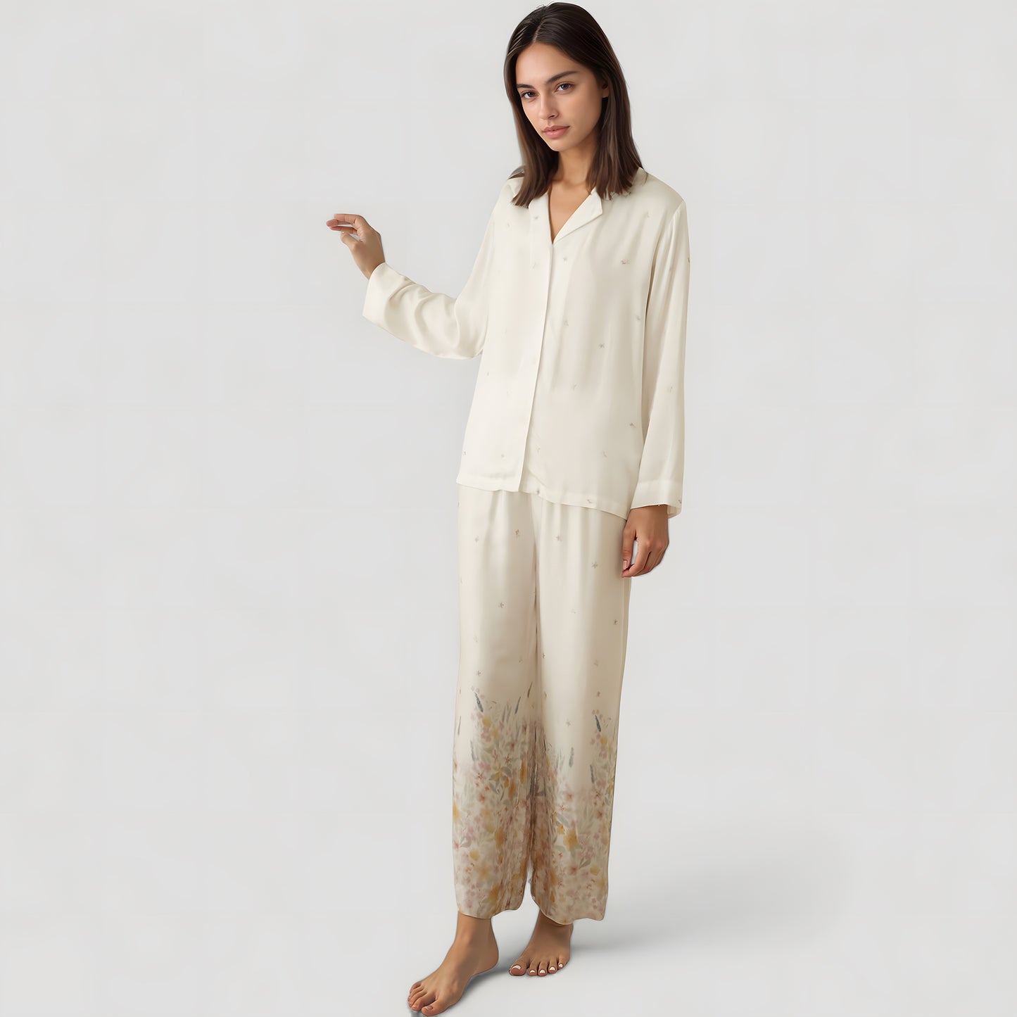 Anna-Kaci Lounge Women's Floral Hem Pajama Set with Long Sleeve Top and Relaxed Fit Wide Leg Pants