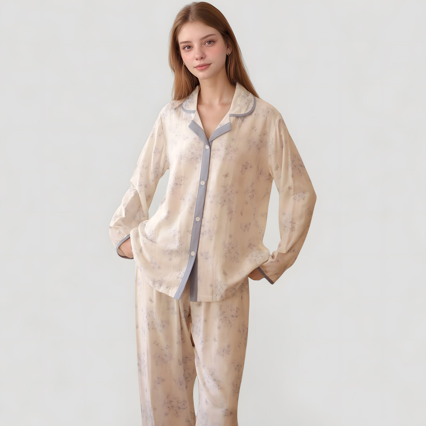 Anna-Kaci Lounge Women's Floral Print Long Sleeve Pajama Set with Contrast Piping Trim and Relaxed Button-Up Shirt