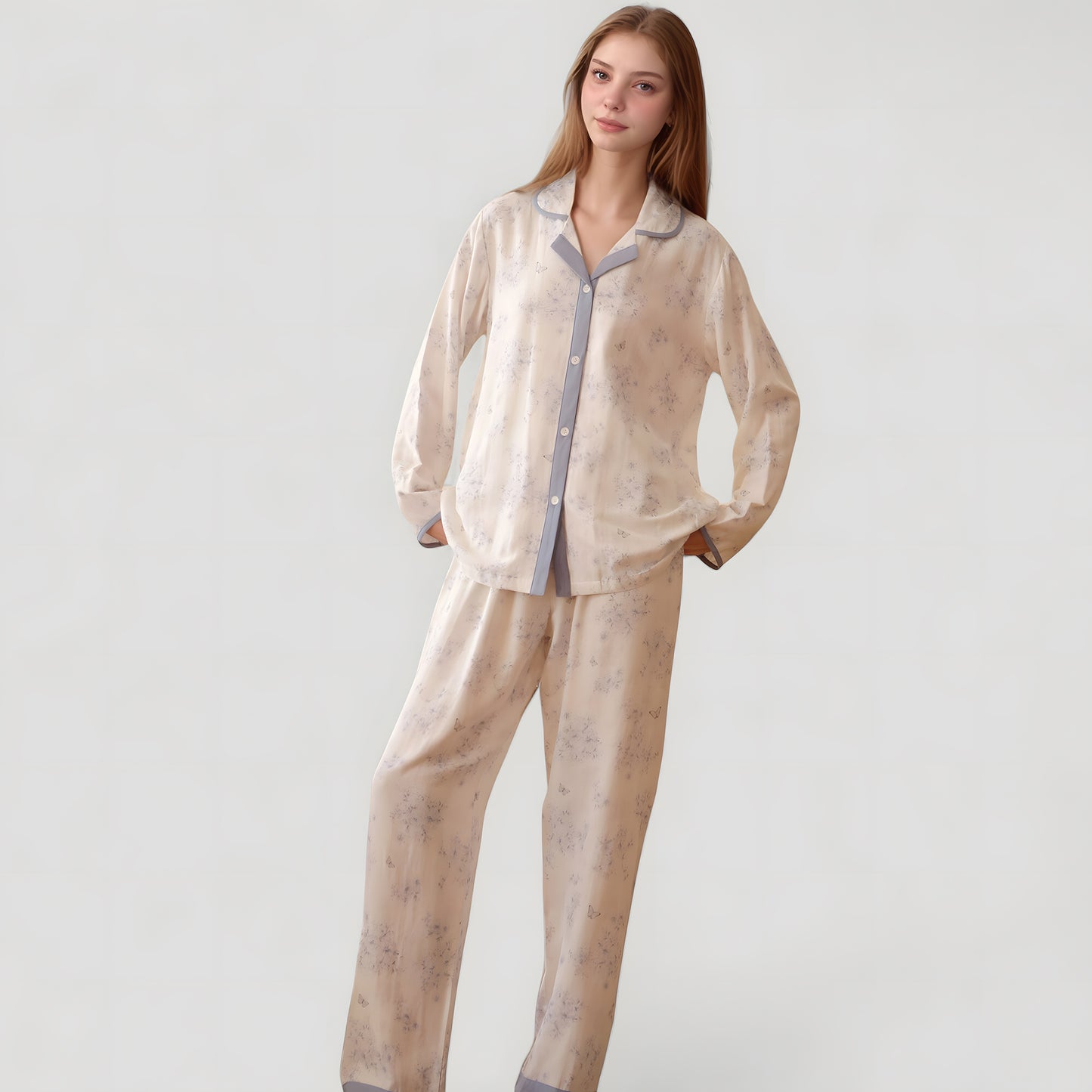 Anna-Kaci Lounge Women's Floral Print Long Sleeve Pajama Set with Contrast Piping Trim and Relaxed Button-Up Shirt