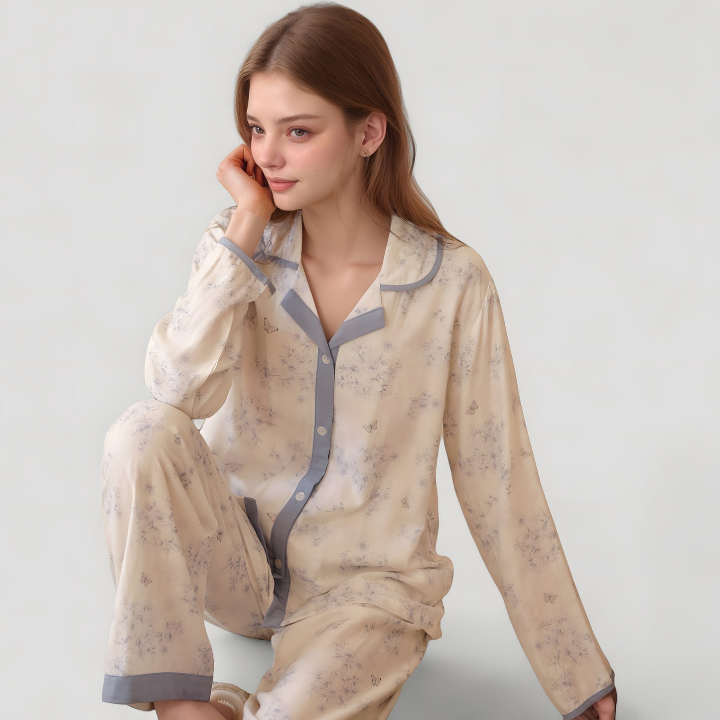 Anna-Kaci Lounge Women's Floral Print Long Sleeve Pajama Set with Contrast Piping Trim and Relaxed Button-Up Shirt