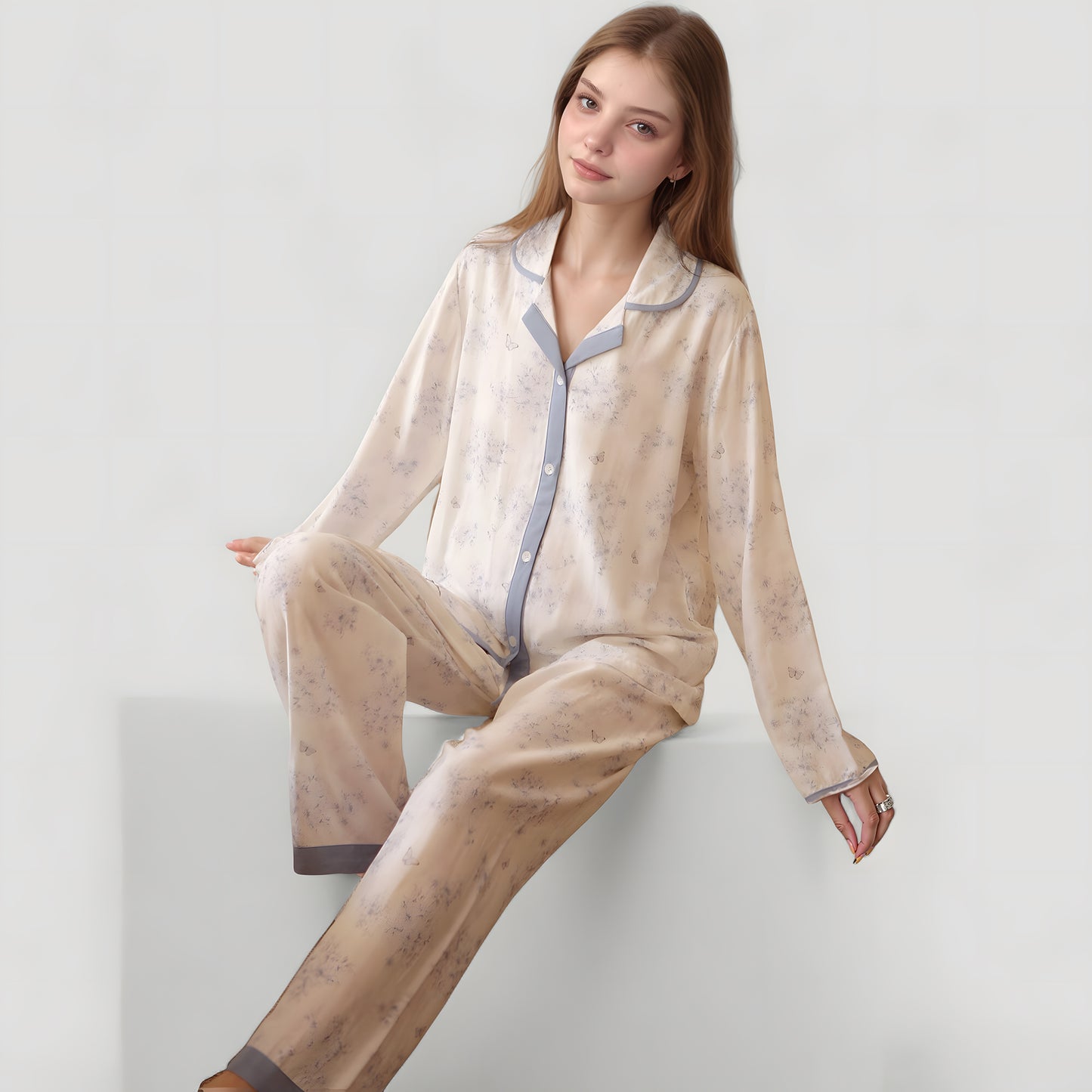 Anna-Kaci Lounge Women's Floral Print Long Sleeve Pajama Set with Contrast Piping Trim and Relaxed Button-Up Shirt