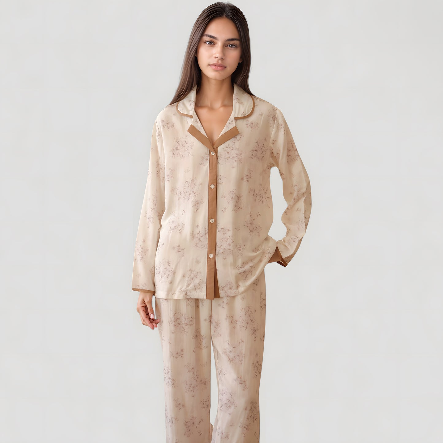 Anna-Kaci Lounge Women's Floral Print Long Sleeve Pajama Set with Contrast Piping Trim and Relaxed Button-Up Shirt