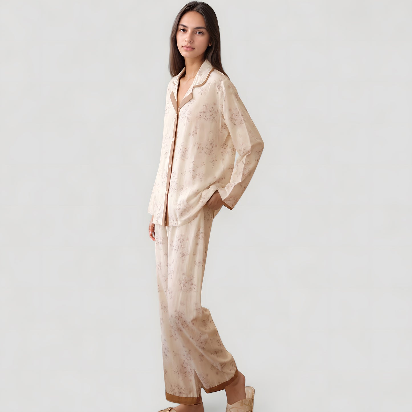 Anna-Kaci Lounge Women's Floral Print Long Sleeve Pajama Set with Contrast Piping Trim and Relaxed Button-Up Shirt