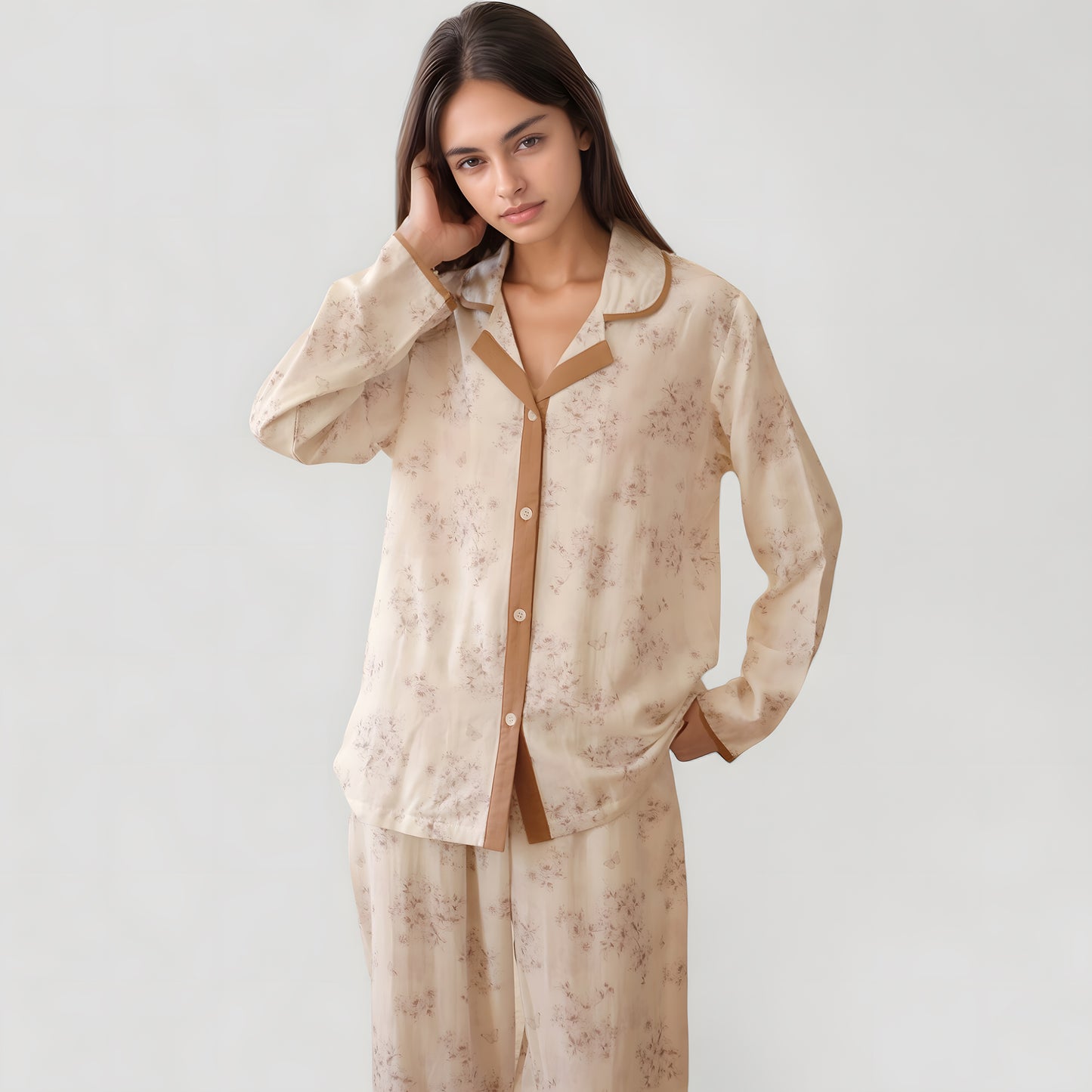 Anna-Kaci Lounge Women's Floral Print Long Sleeve Pajama Set with Contrast Piping Trim and Relaxed Button-Up Shirt