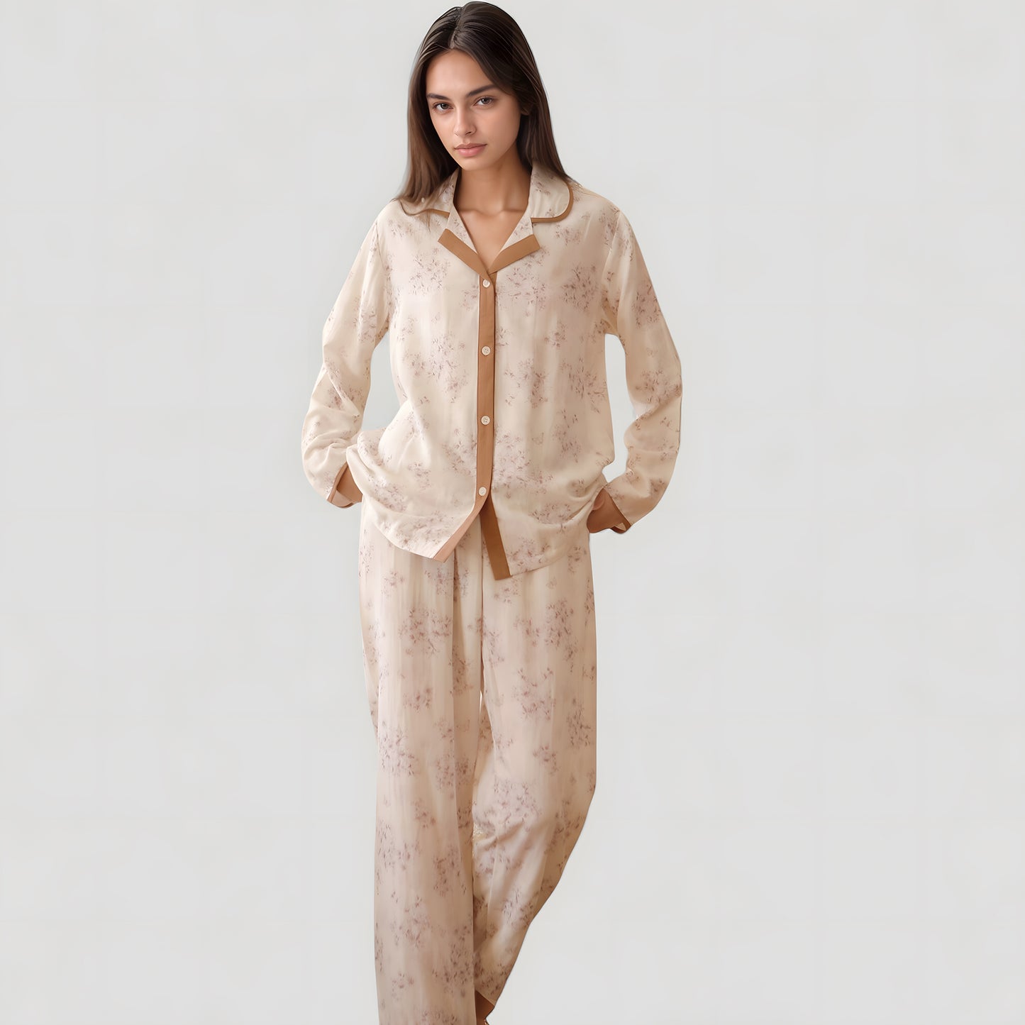 Anna-Kaci Lounge Women's Floral Print Long Sleeve Pajama Set with Contrast Piping Trim and Relaxed Button-Up Shirt