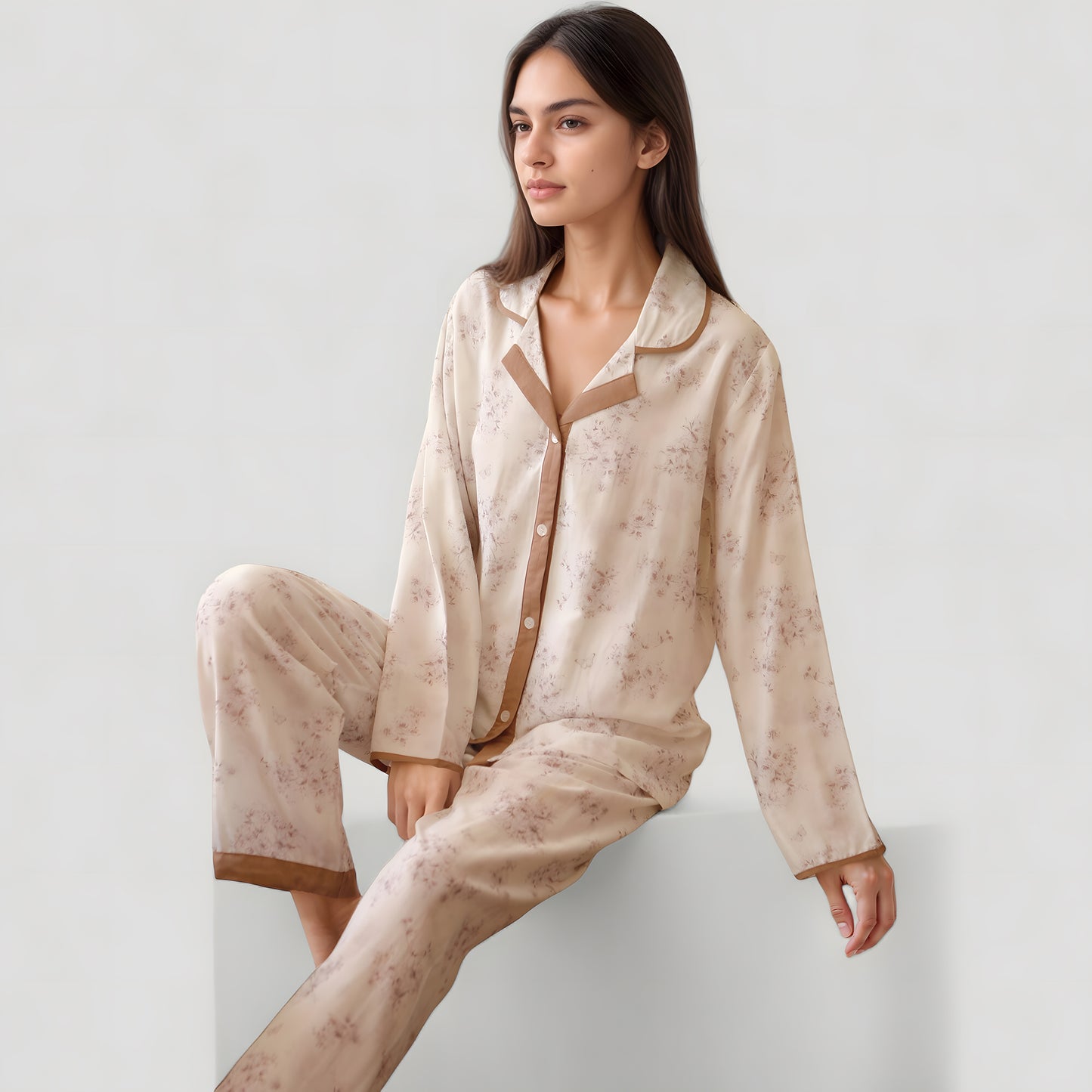 Anna-Kaci Lounge Women's Floral Print Long Sleeve Pajama Set with Contrast Piping Trim and Relaxed Button-Up Shirt