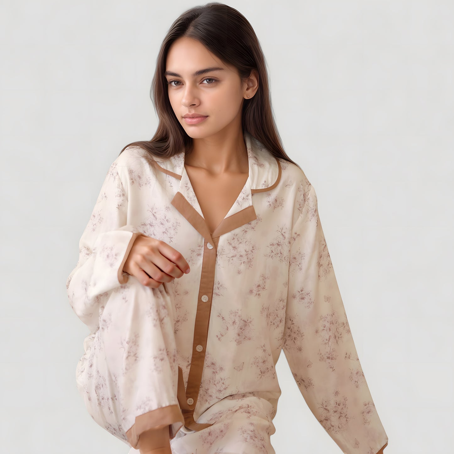 Anna-Kaci Lounge Women's Floral Print Long Sleeve Pajama Set with Contrast Piping Trim and Relaxed Button-Up Shirt