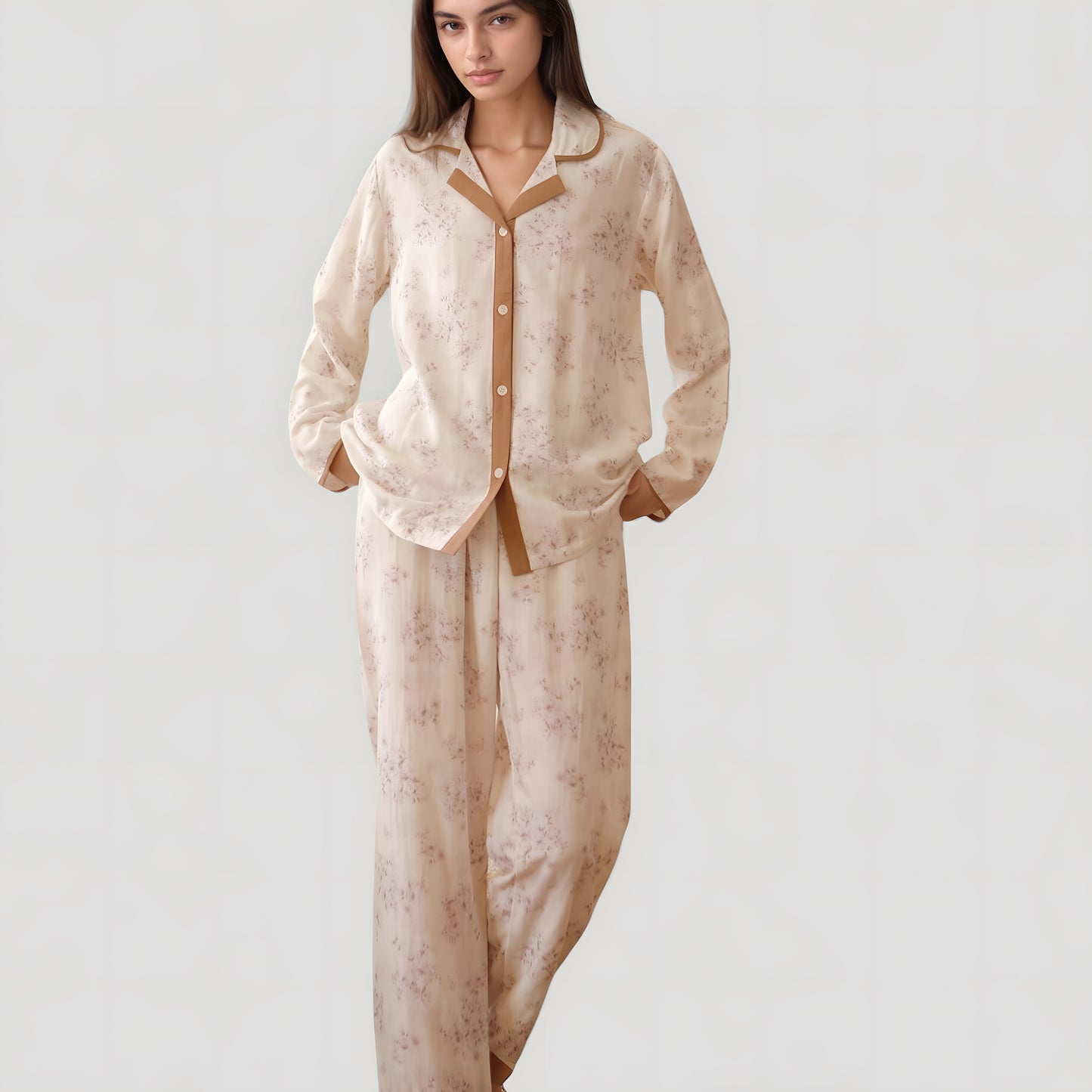 Anna-Kaci Lounge Women's Floral Print Long Sleeve Pajama Set with Contrast Piping Trim and Relaxed Button-Up Shirt
