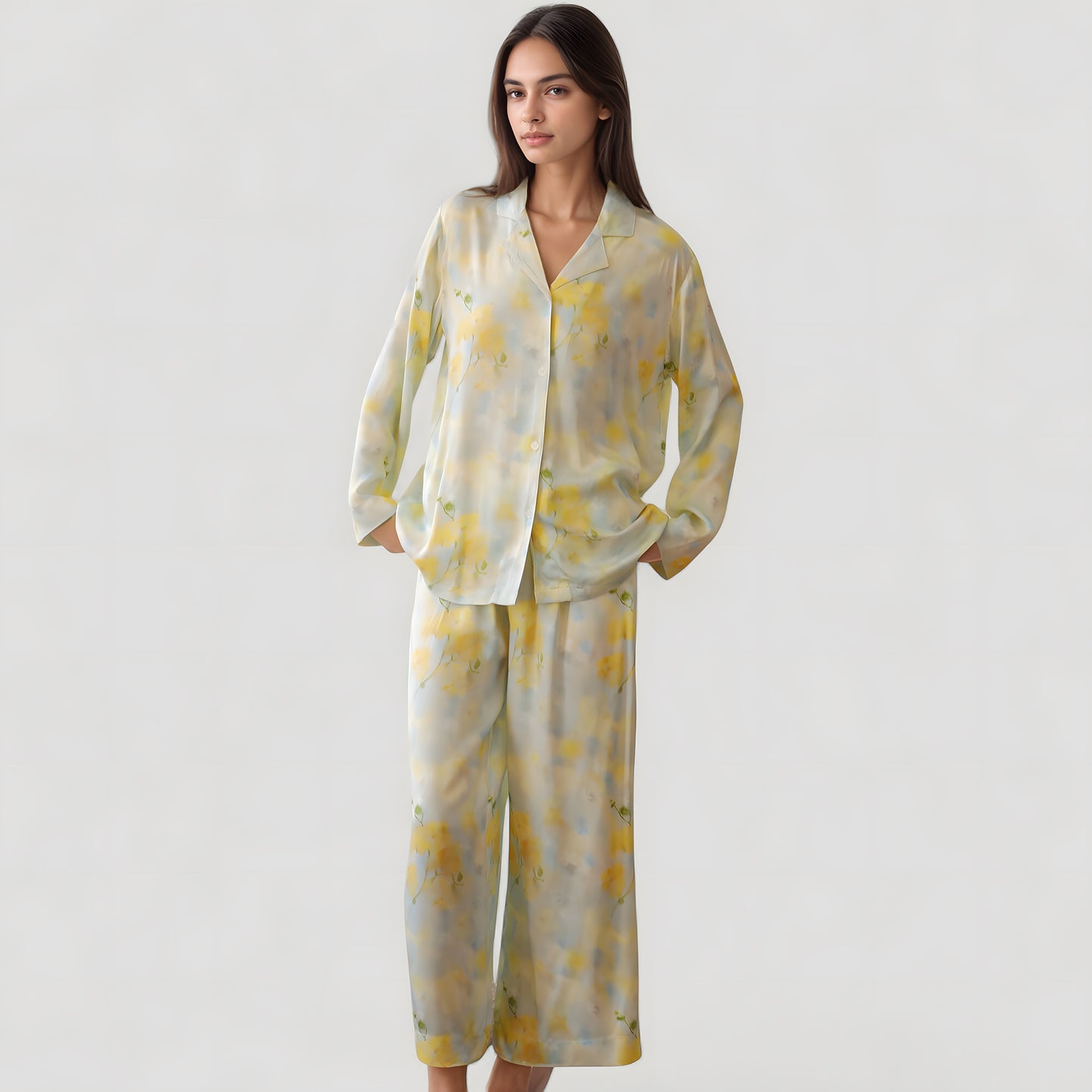 Anna-Kaci Lounge Women's Watercolor Floral Print Pajama Set with Relaxed Long Sleeve Button-Up Top and Wide Leg Pants