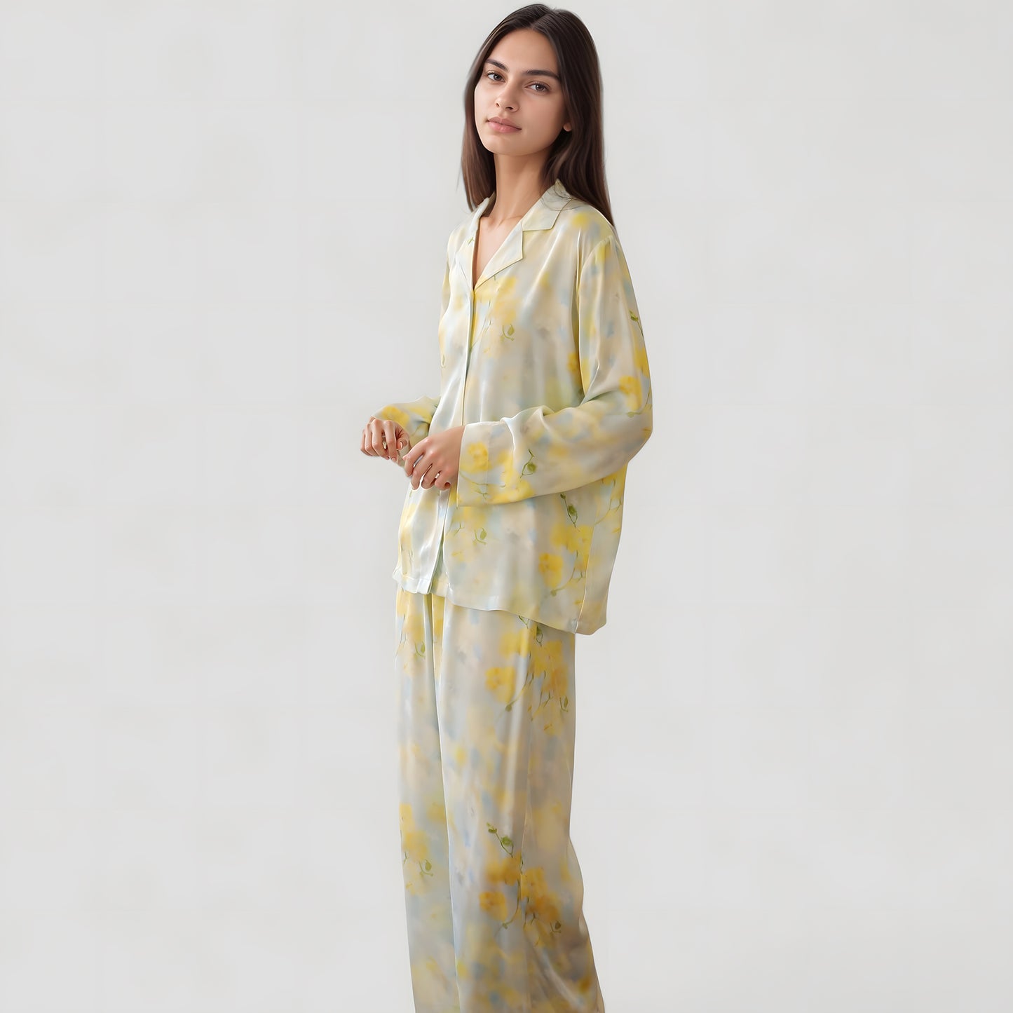 Anna-Kaci Lounge Women's Watercolor Floral Print Pajama Set with Relaxed Long Sleeve Button-Up Top and Wide Leg Pants
