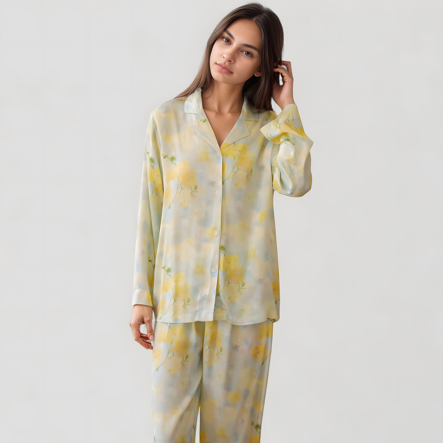 Anna-Kaci Lounge Women's Watercolor Floral Print Pajama Set with Relaxed Long Sleeve Button-Up Top and Wide Leg Pants