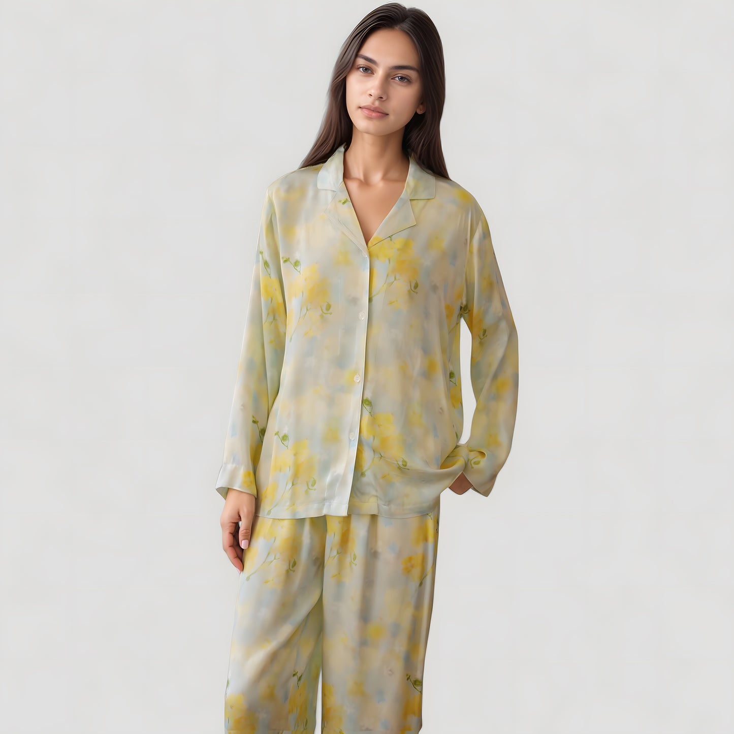 Anna-Kaci Lounge Women's Watercolor Floral Print Pajama Set with Relaxed Long Sleeve Button-Up Top and Wide Leg Pants