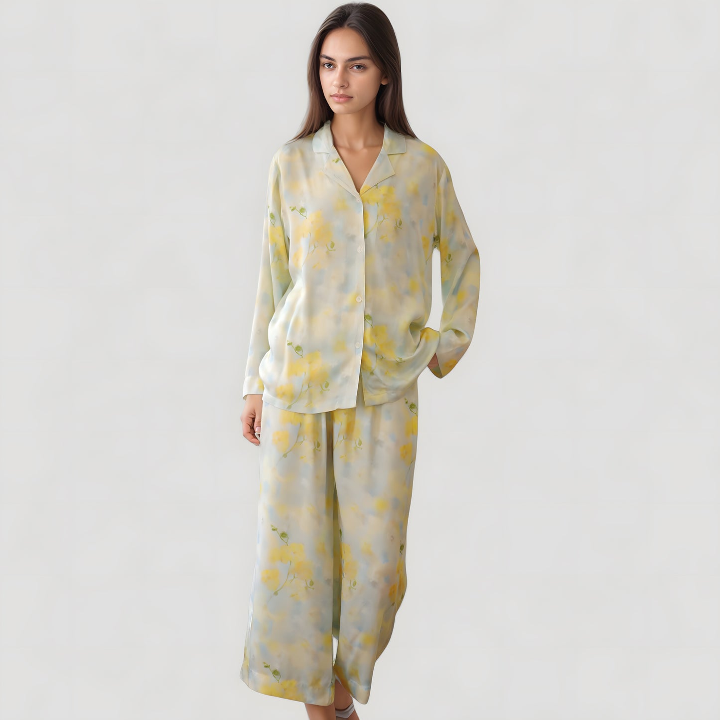 Anna-Kaci Lounge Women's Watercolor Floral Print Pajama Set with Relaxed Long Sleeve Button-Up Top and Wide Leg Pants