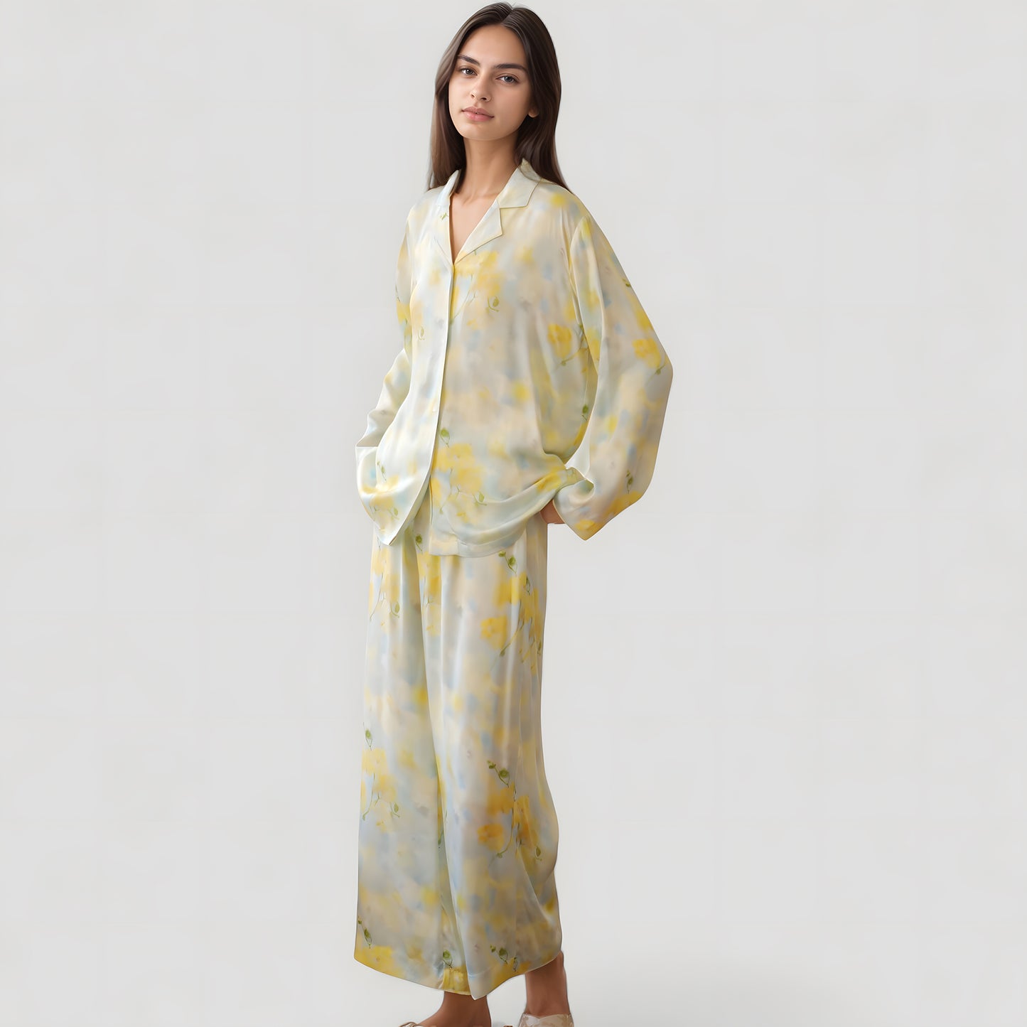 Anna-Kaci Lounge Women's Watercolor Floral Print Pajama Set with Relaxed Long Sleeve Button-Up Top and Wide Leg Pants