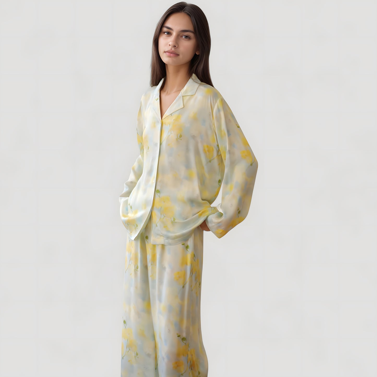 Anna-Kaci Lounge Women's Watercolor Floral Print Pajama Set with Relaxed Long Sleeve Button-Up Top and Wide Leg Pants